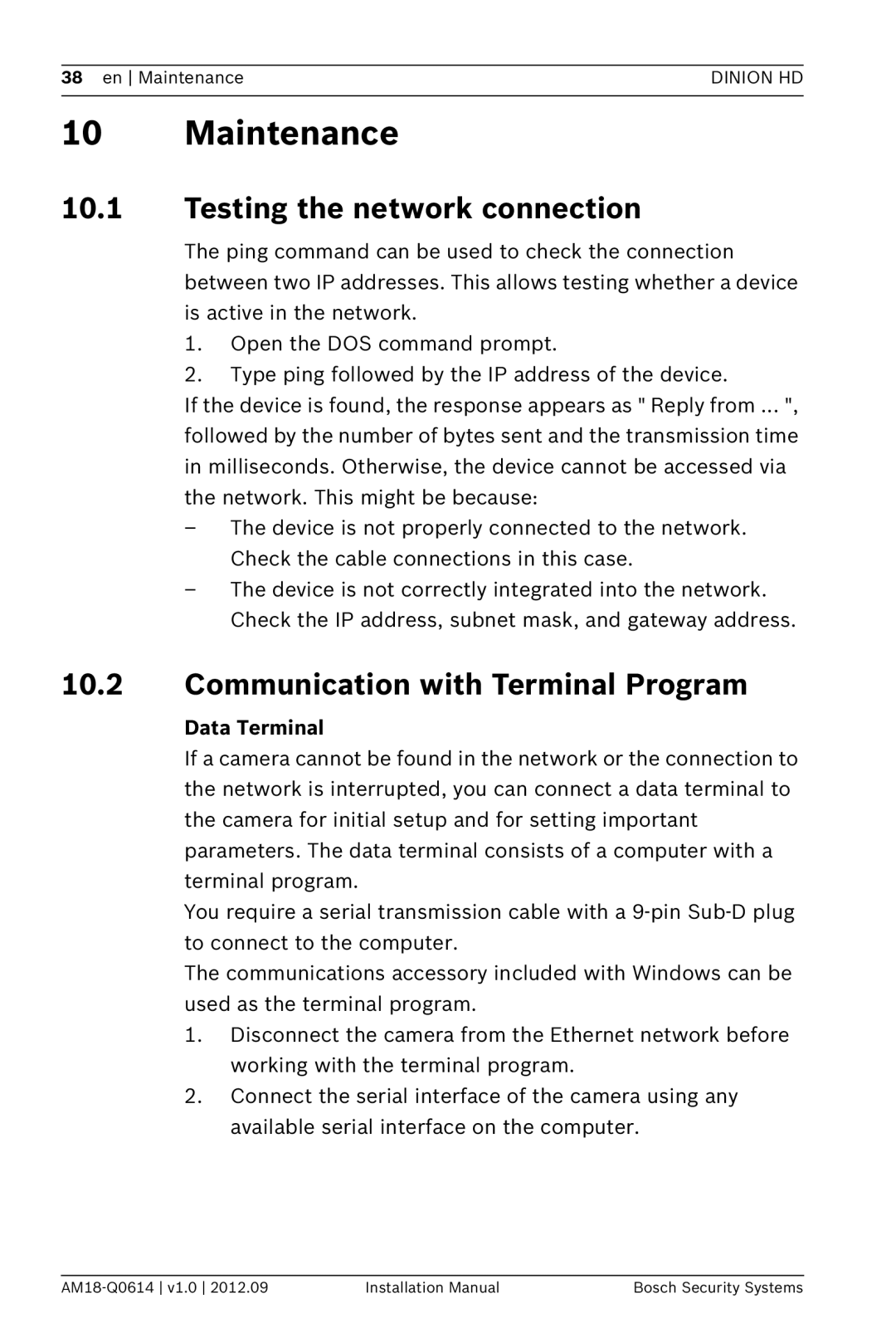 Bosch Appliances NBN-733 Maintenance, Testing the network connection, Communication with Terminal Program, Data Terminal 