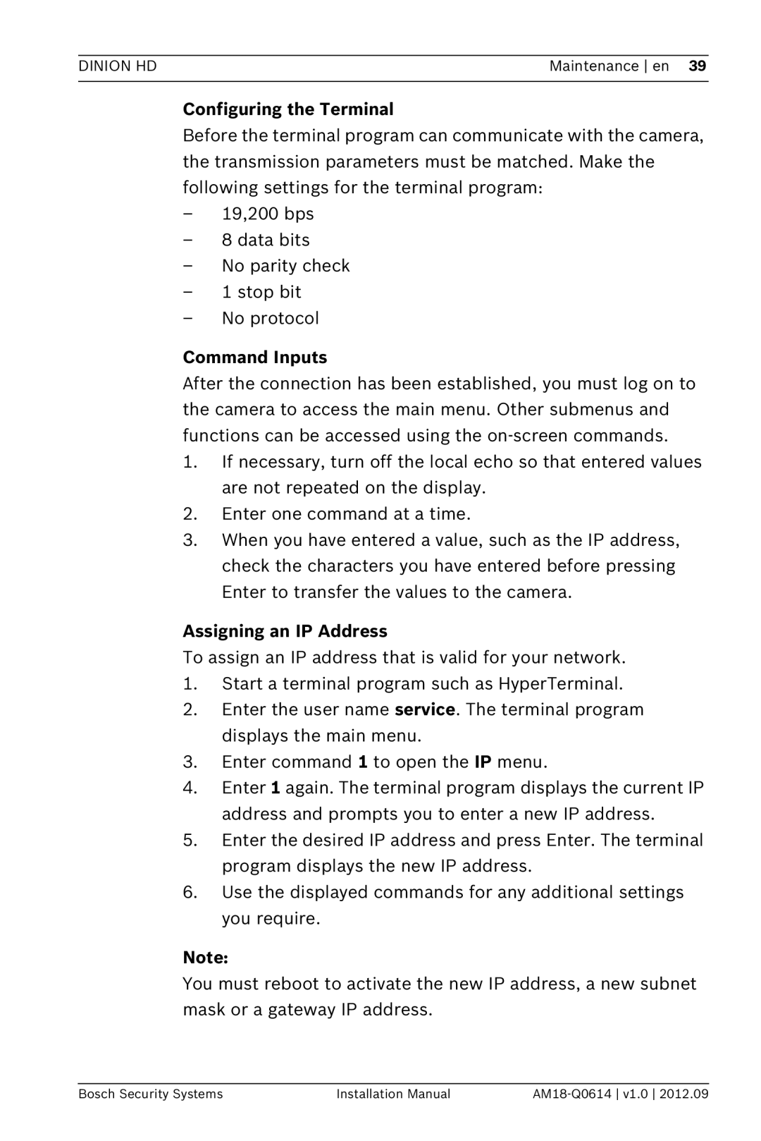 Bosch Appliances NBN-733 installation manual Configuring the Terminal, Command Inputs, Assigning an IP Address 