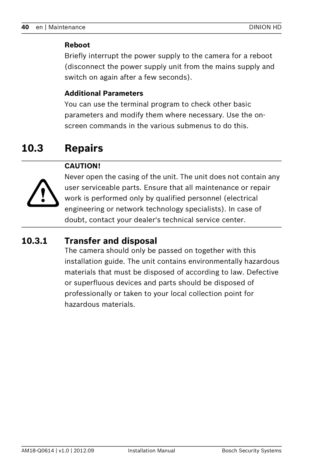 Bosch Appliances NBN-733 installation manual Repairs, Reboot, Additional Parameters 