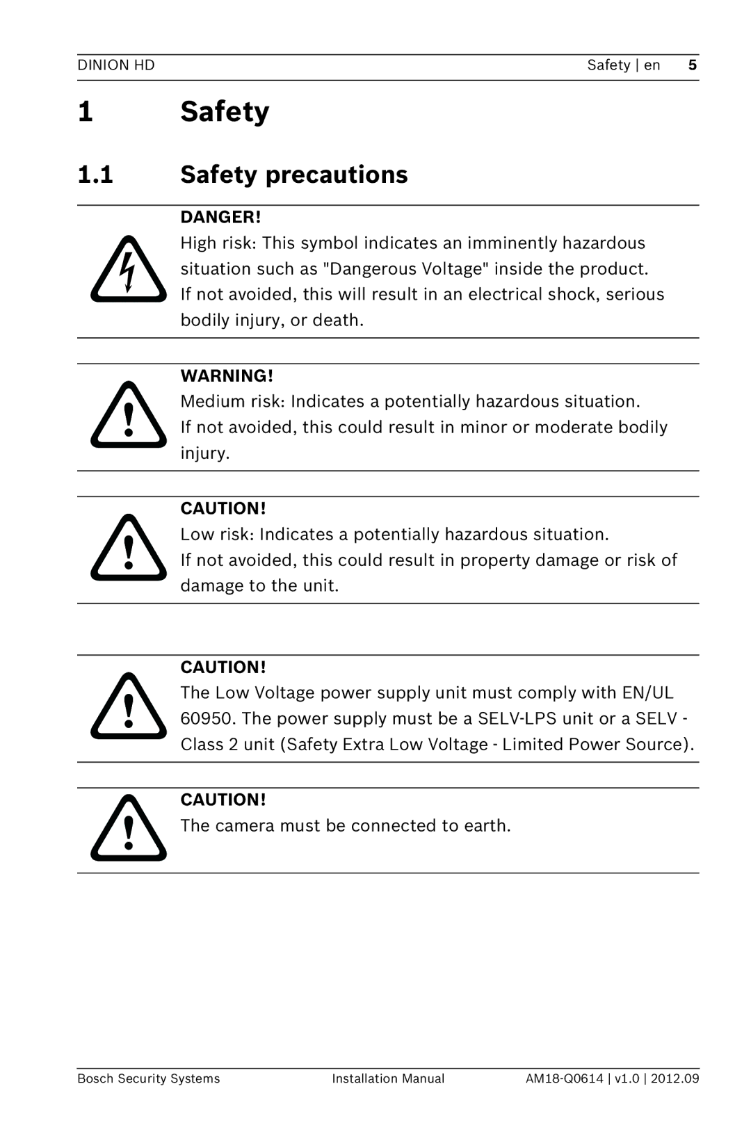 Bosch Appliances NBN-733 installation manual Safety precautions 