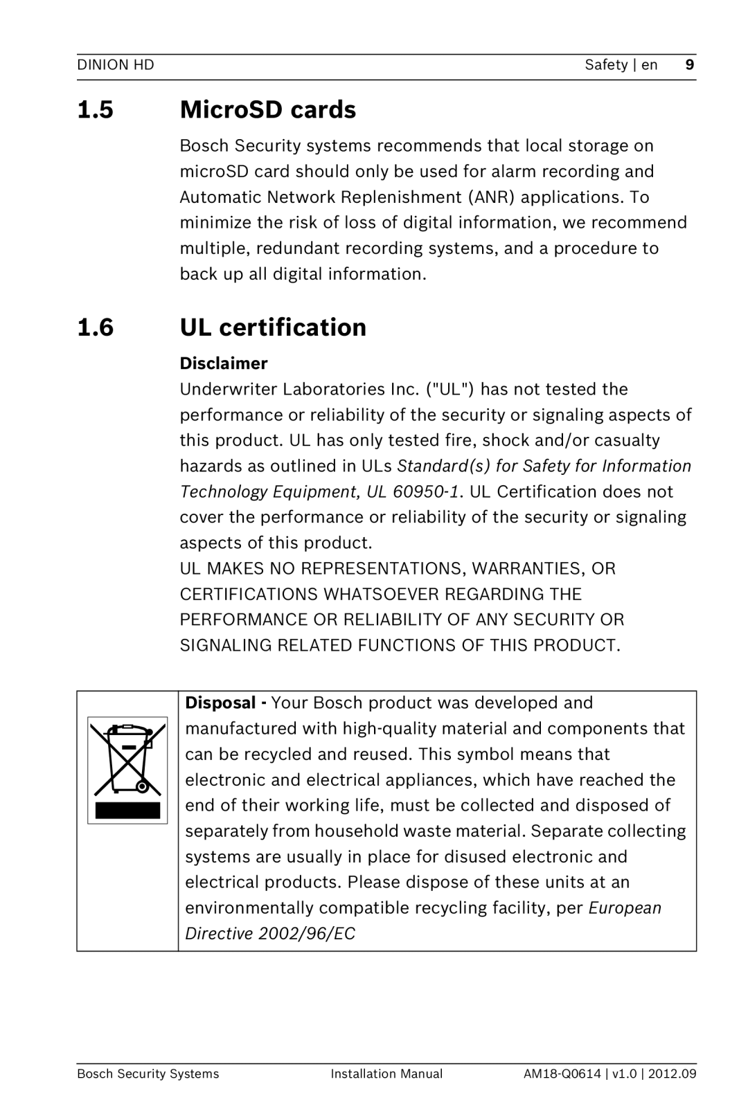 Bosch Appliances NBN-733 installation manual MicroSD cards, UL certification, Disclaimer 