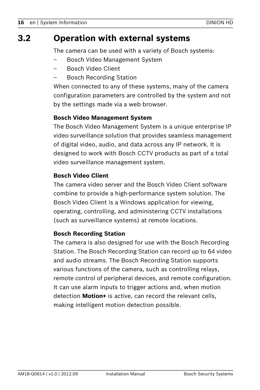Bosch Appliances NBN-733 3.2Operation with external systems, Bosch Video Management System, Bosch Video Client 