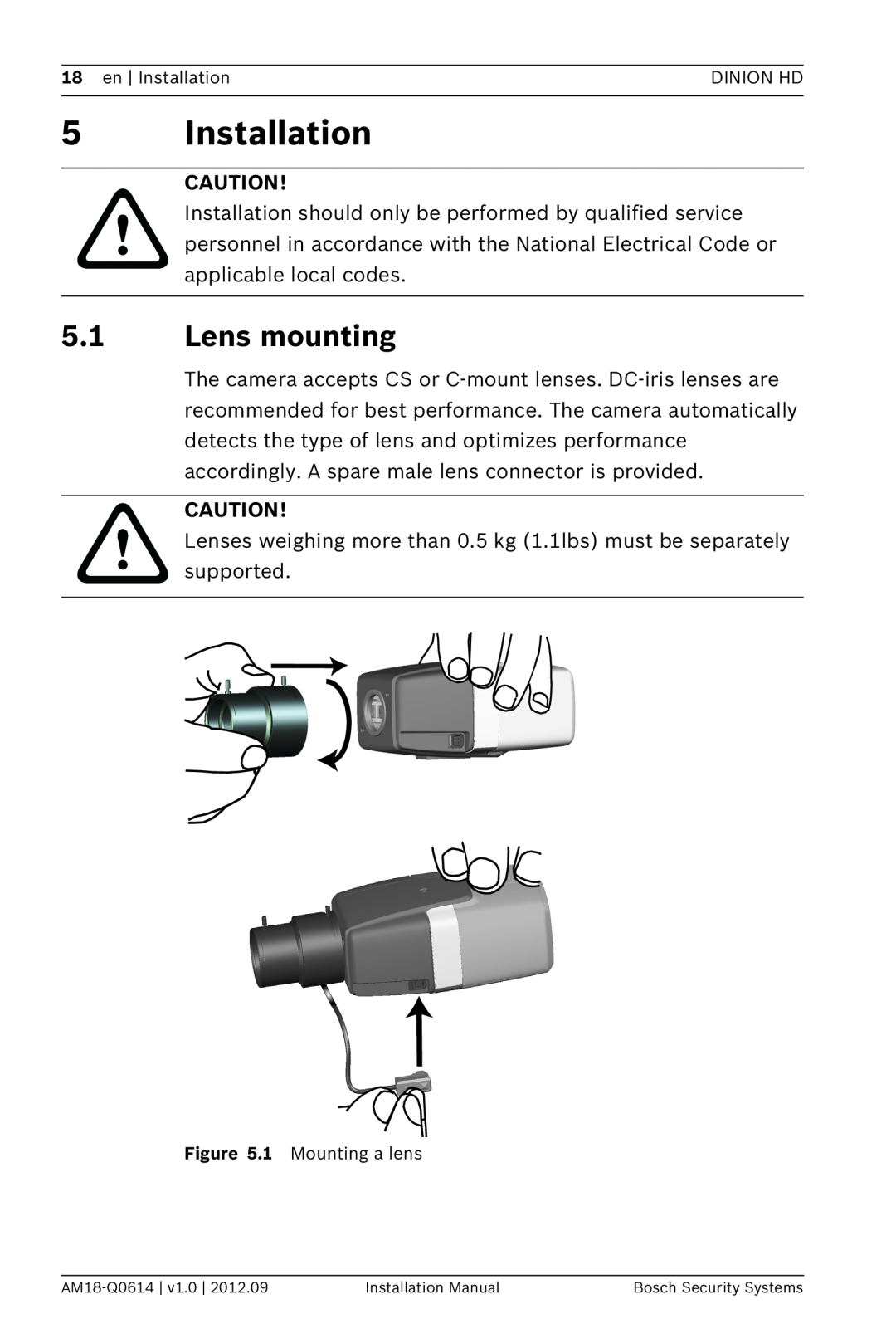 Bosch Appliances NBN-733 installation manual 5Installation, 5.1Lens mounting 