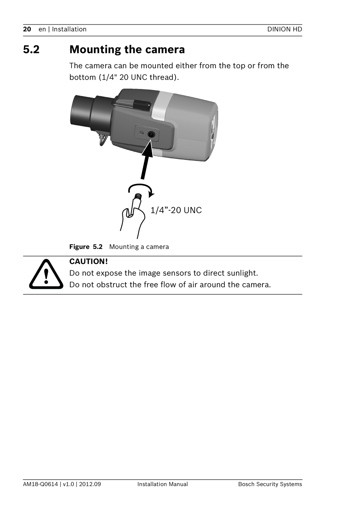 Bosch Appliances NBN-733 installation manual 5.2Mounting the camera, 1/4”-20UNC 