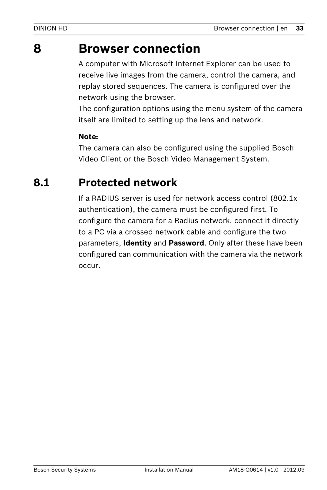 Bosch Appliances NBN-733 installation manual 8Browser connection, 8.1Protected network 