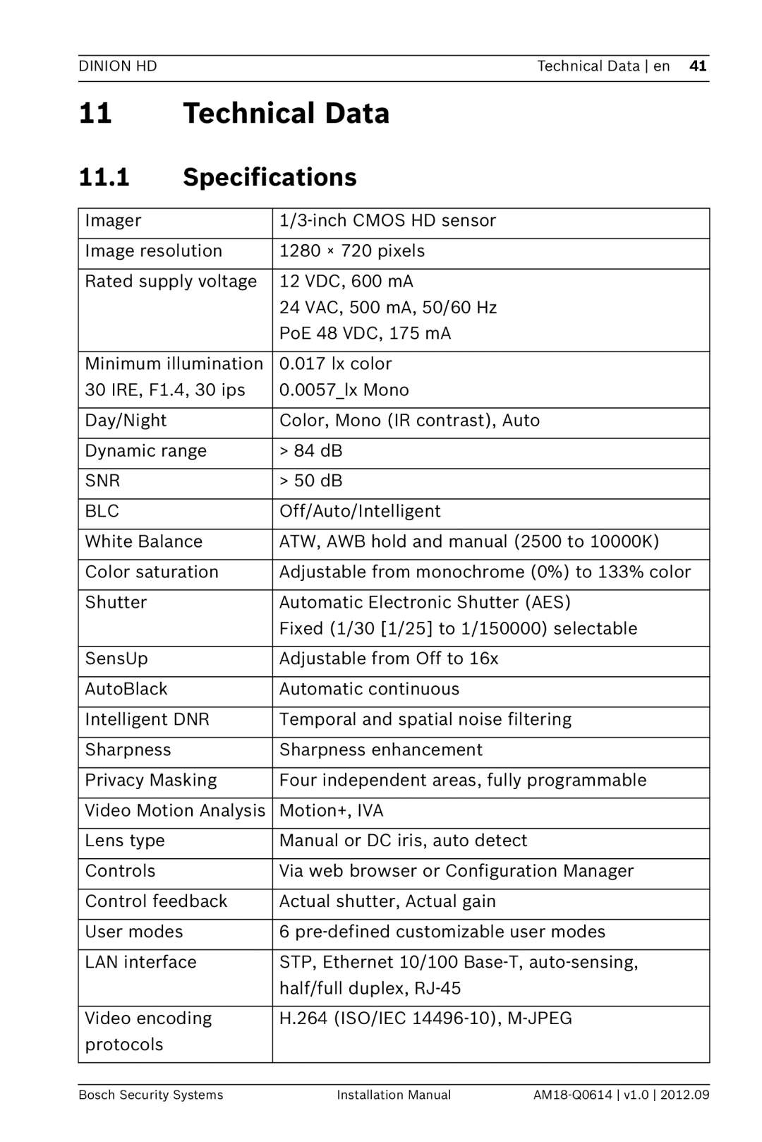 Bosch Appliances NBN-733 installation manual Technical Data, 11.1Specifications 