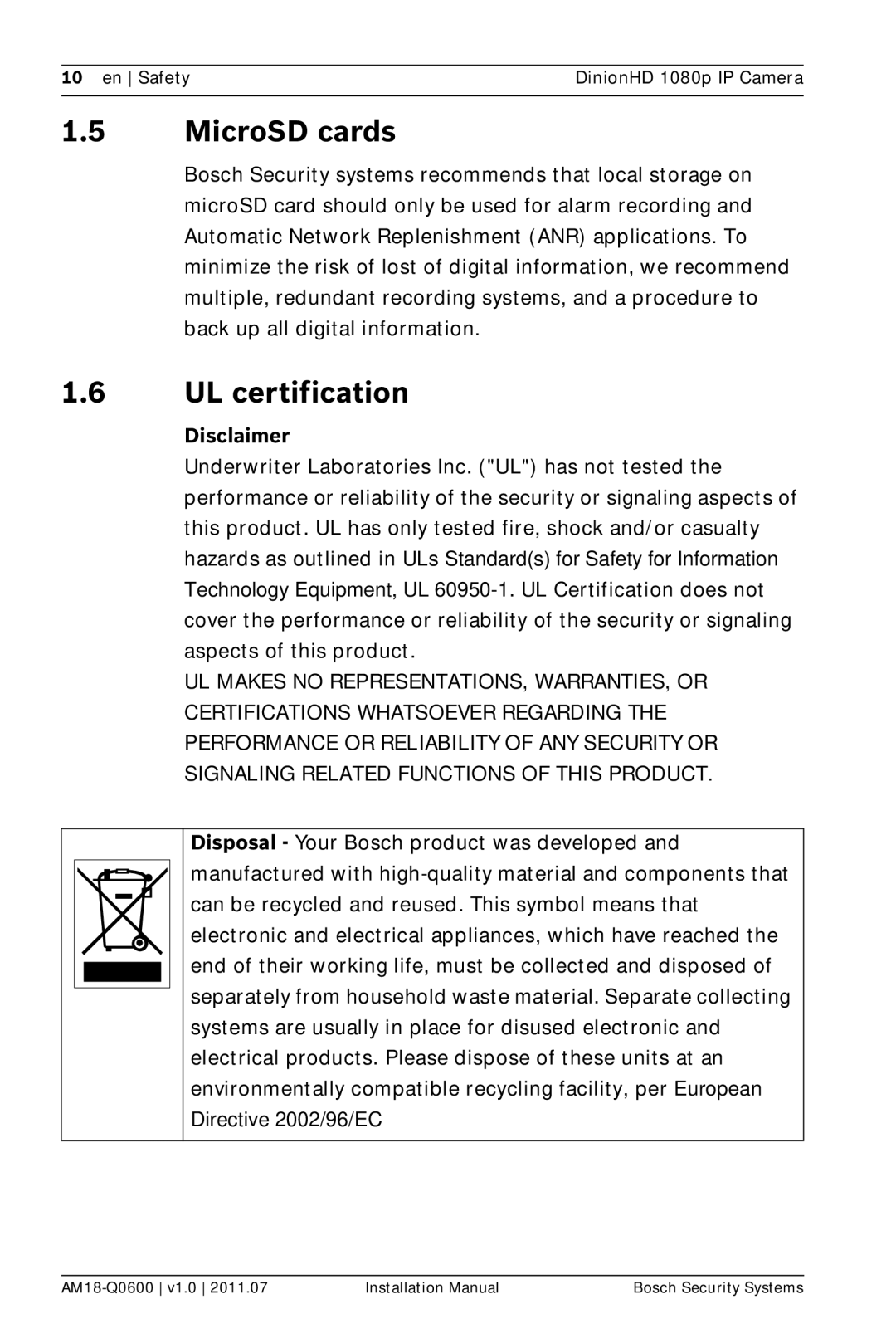 Bosch Appliances NBN-832 installation manual MicroSD cards, UL certification, Disclaimer 