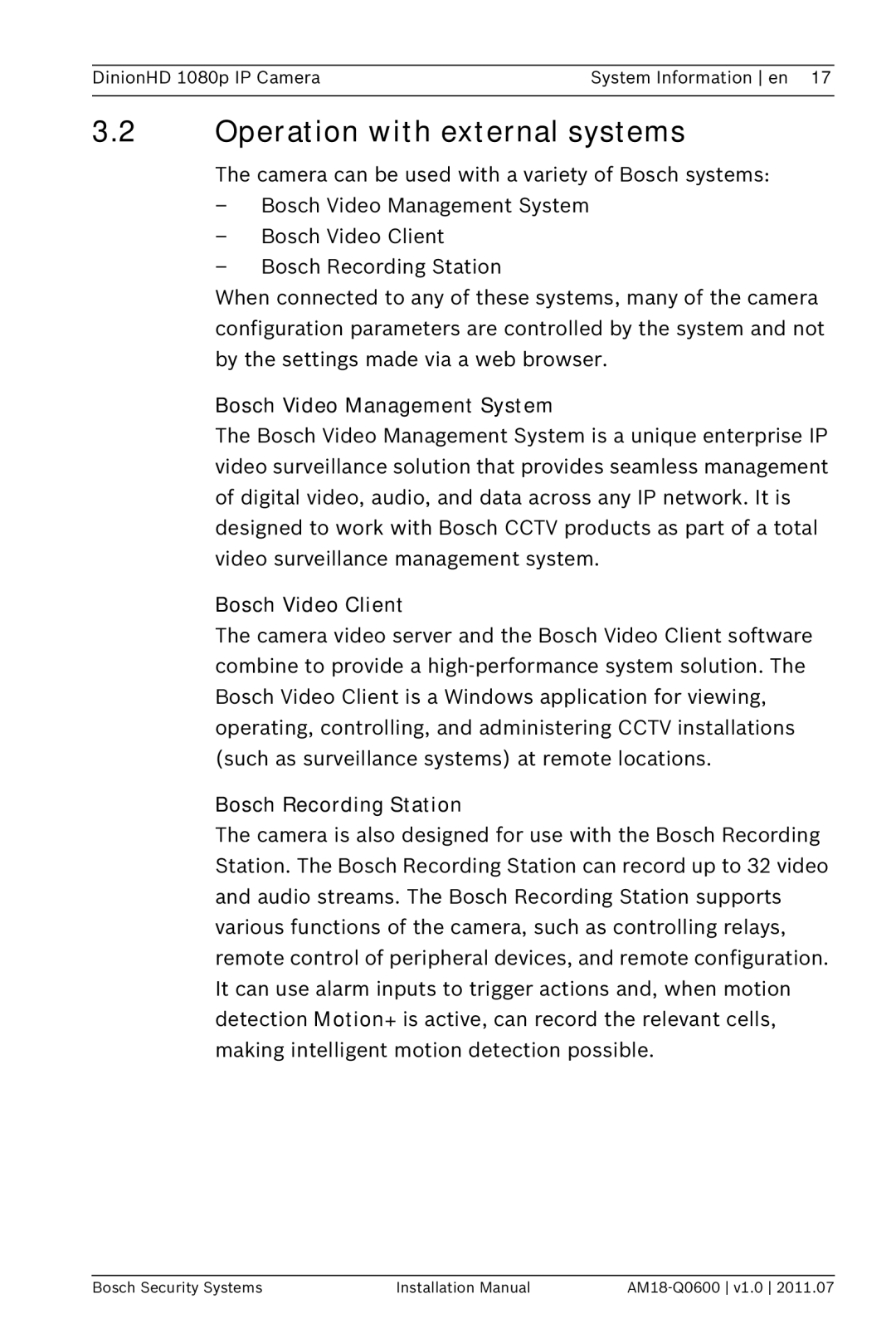 Bosch Appliances NBN-832 Operation with external systems, Bosch Video Management System, Bosch Video Client 