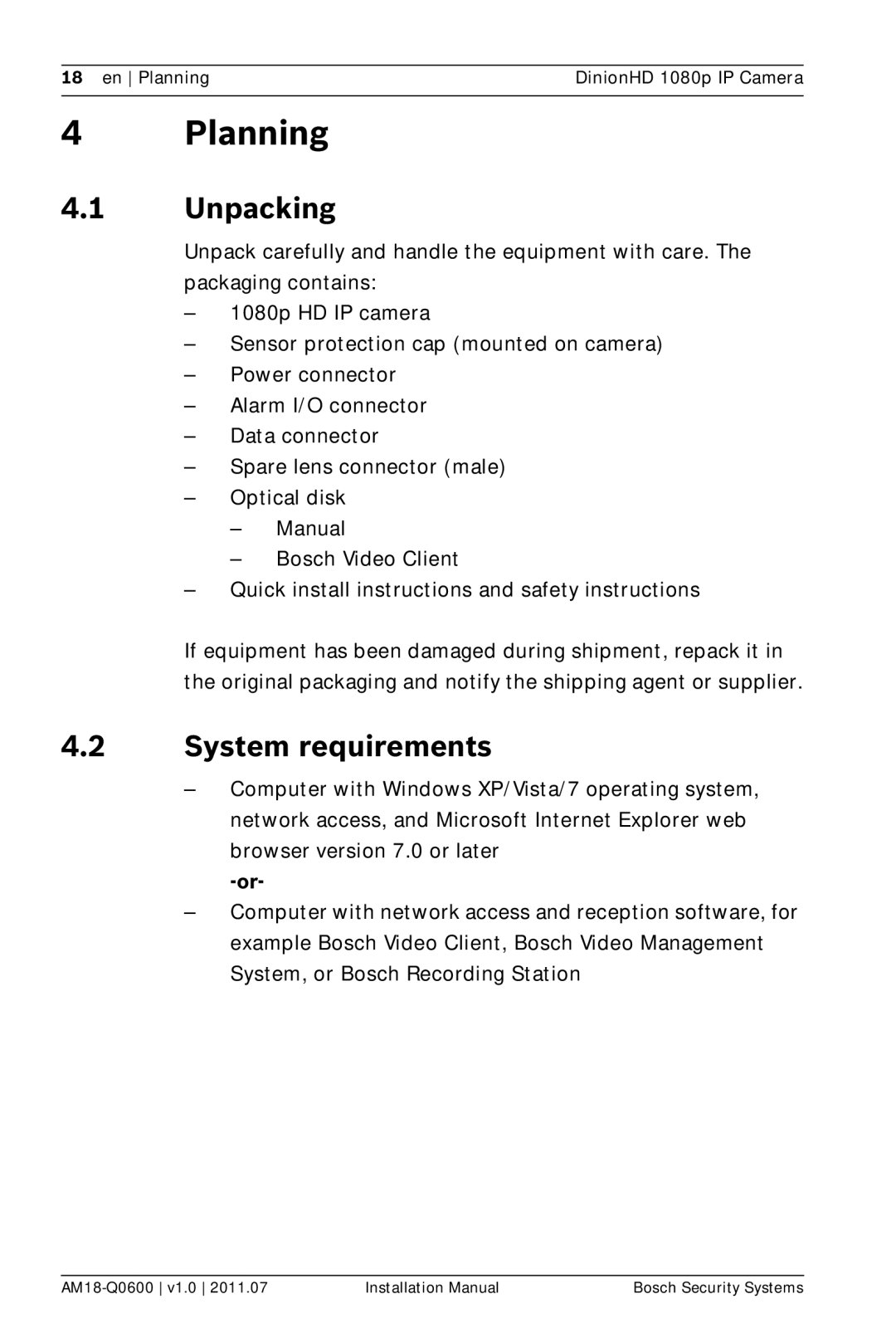 Bosch Appliances NBN-832 installation manual Planning, Unpacking, System requirements 