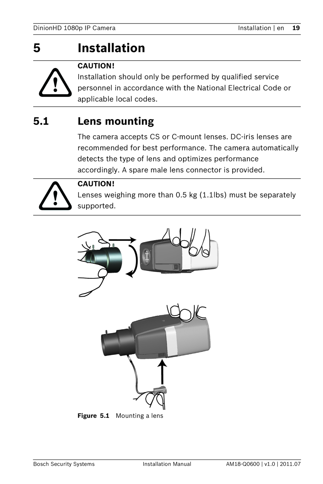 Bosch Appliances NBN-832 installation manual Installation, Lens mounting 