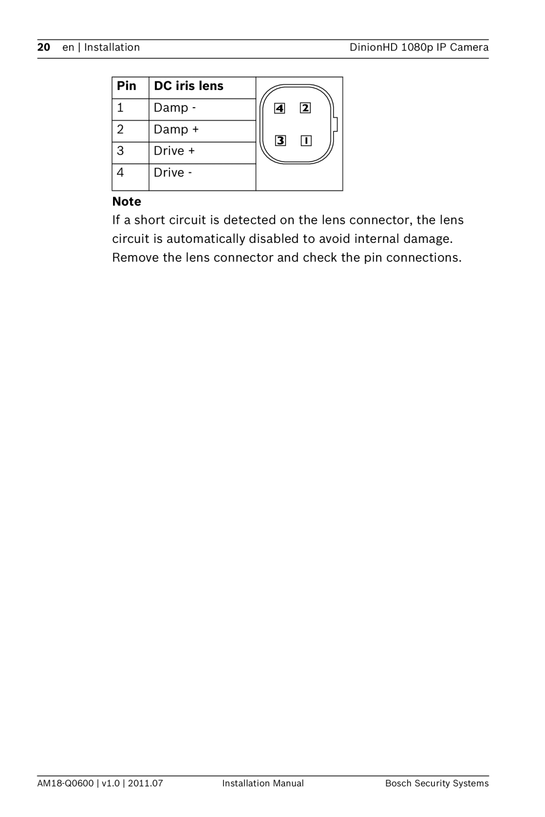 Bosch Appliances NBN-832 installation manual Pin DC iris lens 