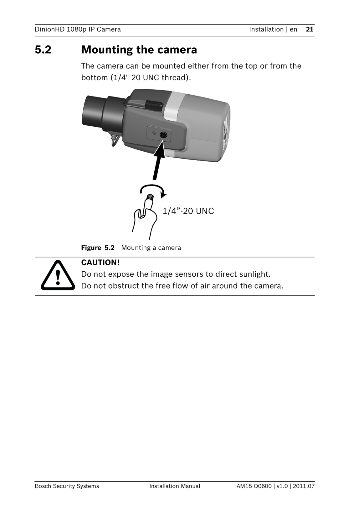 Bosch Appliances NBN-832 installation manual Mounting the camera, 20 UNC 