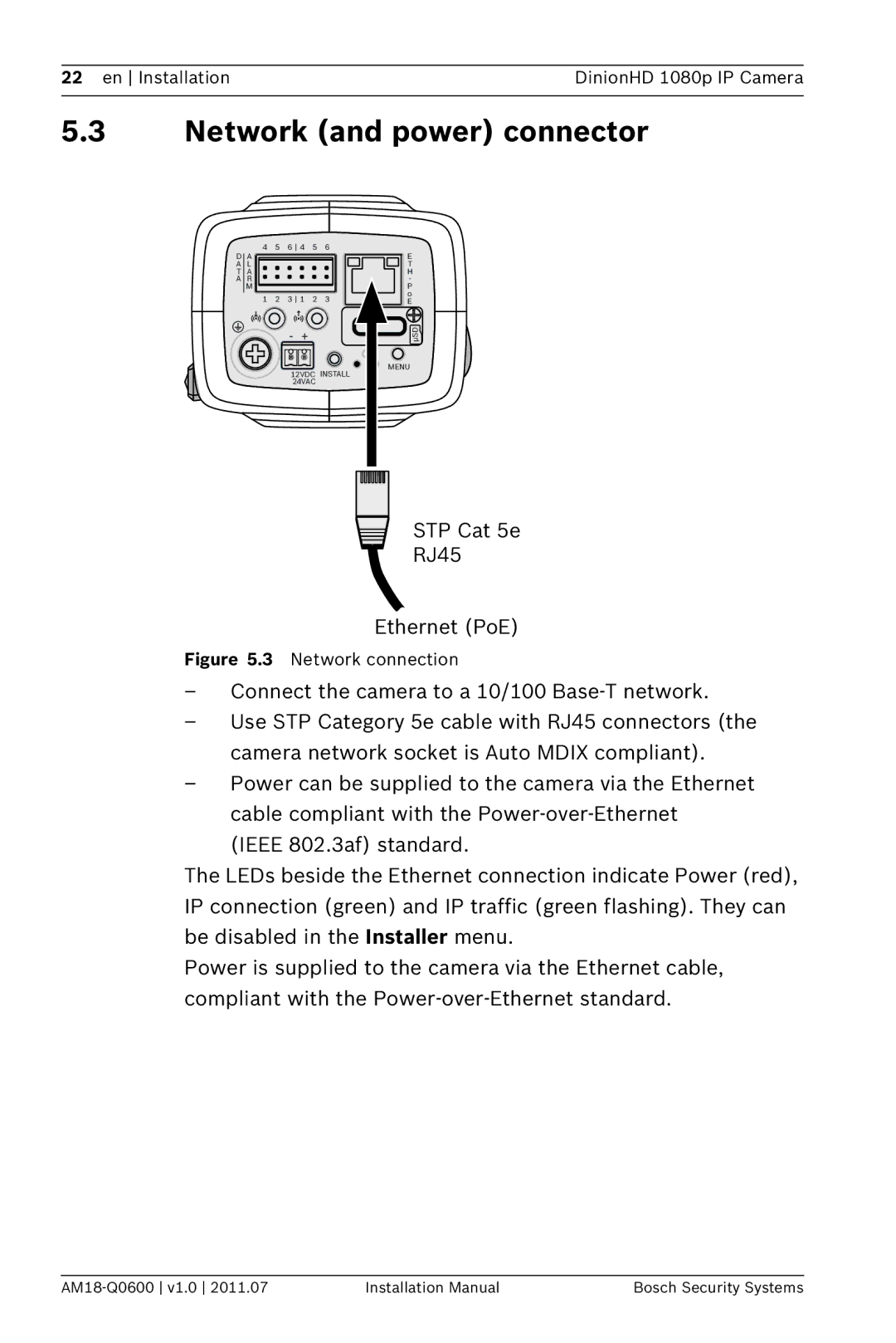 Bosch Appliances NBN-832 installation manual Network and power connector, Network connection 