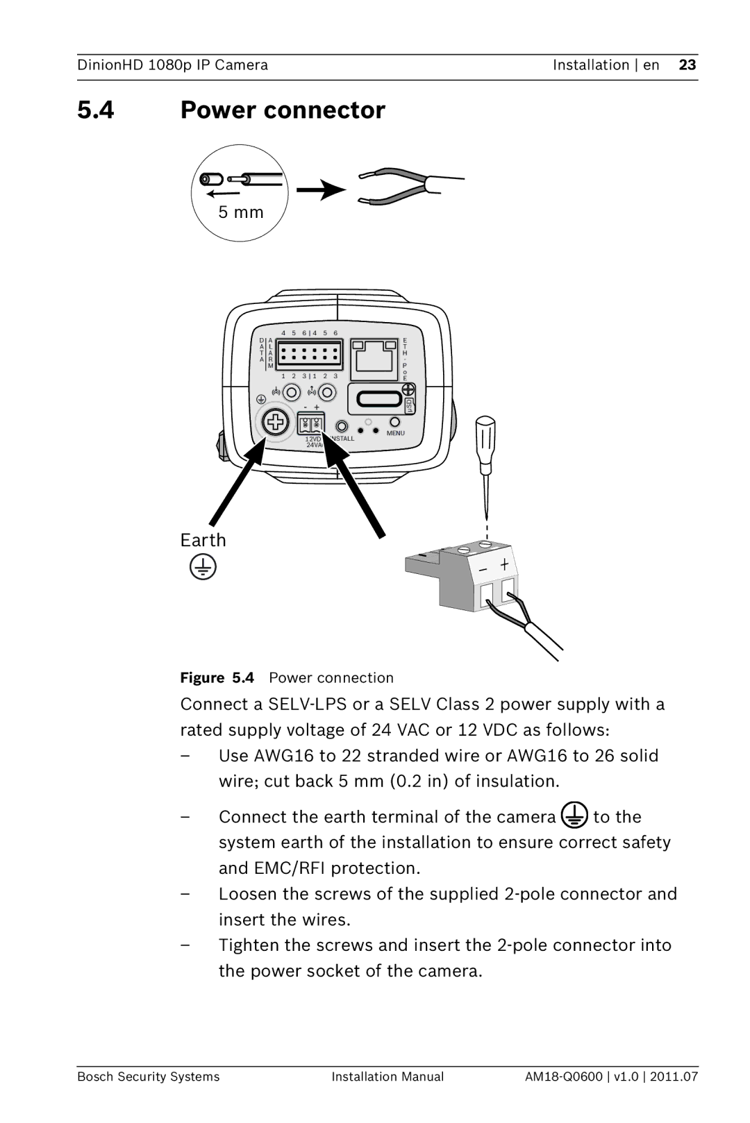 Bosch Appliances NBN-832 installation manual Power connector, Earth 