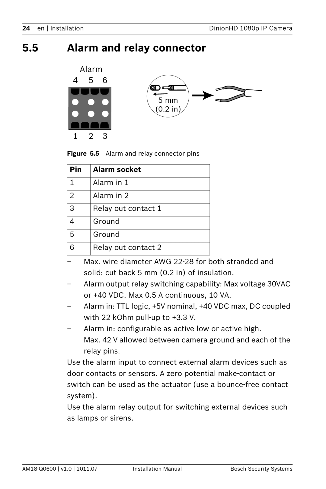 Bosch Appliances NBN-832 installation manual Alarm and relay connector, Pin Alarm socket 