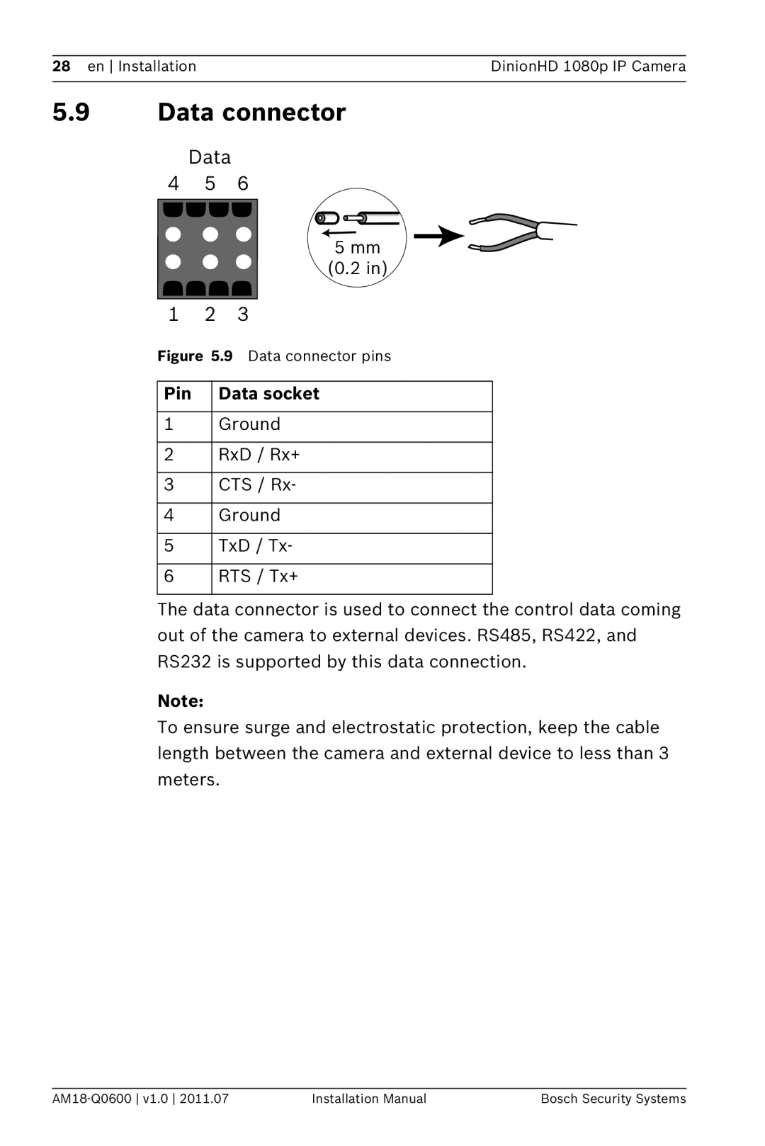 Bosch Appliances NBN-832 installation manual Data connector, Pin Data socket 