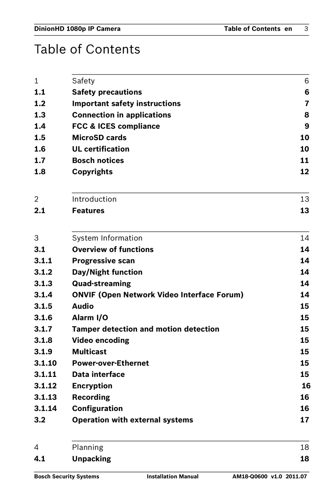 Bosch Appliances NBN-832 installation manual Table of Contents 