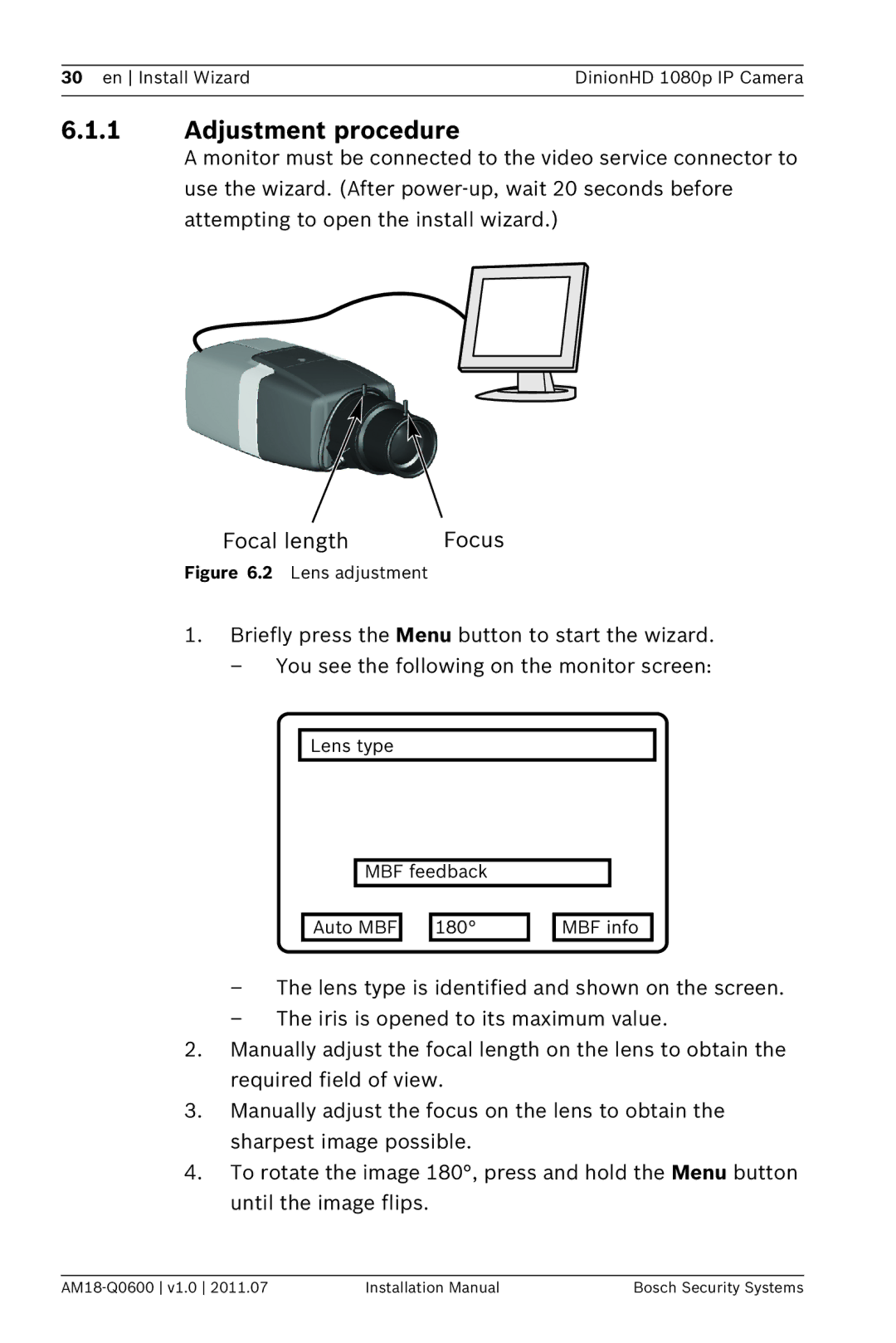 Bosch Appliances NBN-832 installation manual Adjustment procedure 