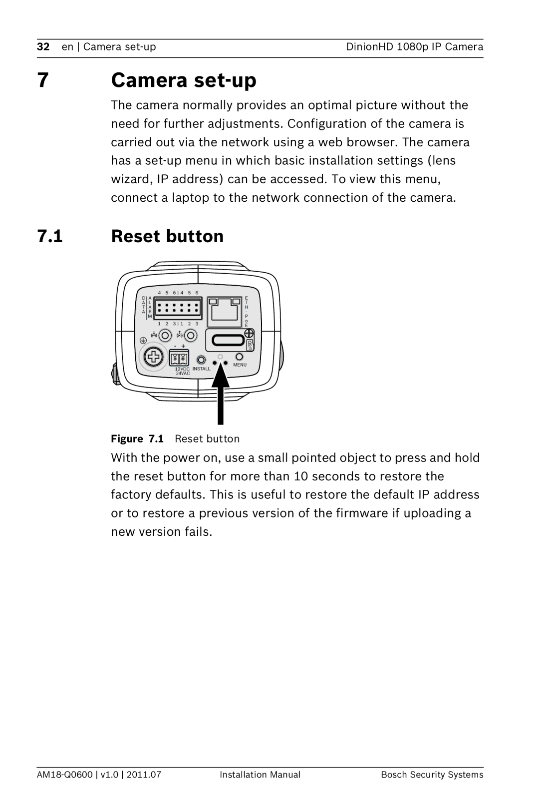 Bosch Appliances NBN-832 installation manual Camera set-up, Reset button 