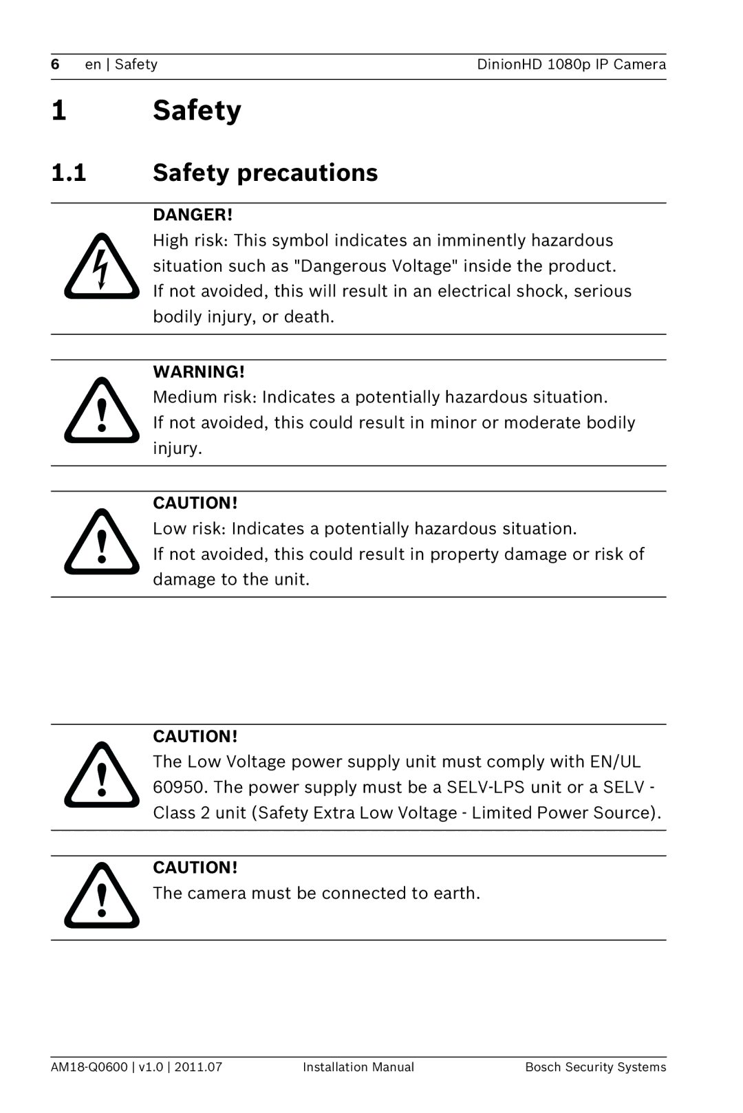 Bosch Appliances NBN-832 installation manual Safety precautions 