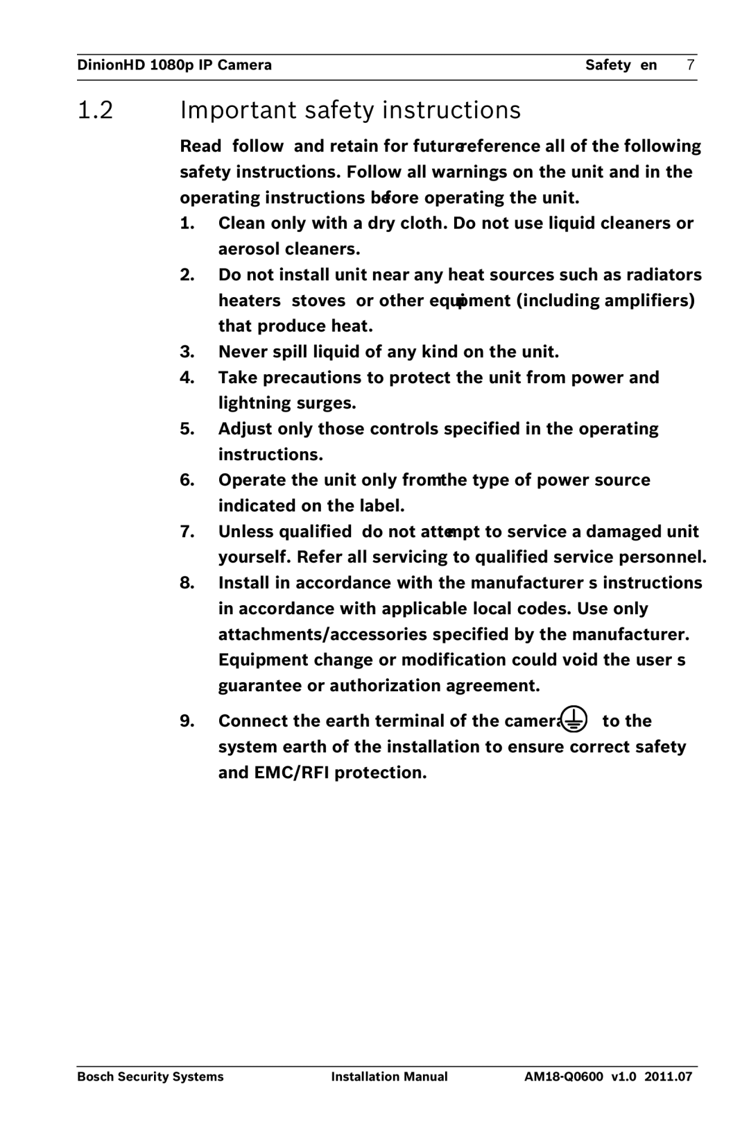 Bosch Appliances NBN-832 installation manual Important safety instructions 