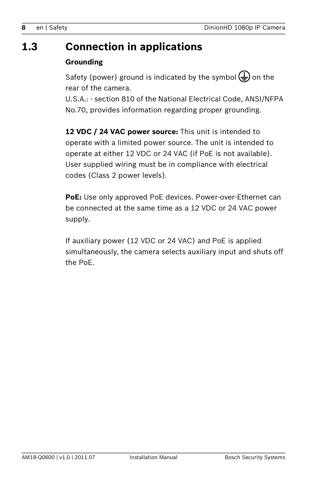 Bosch Appliances NBN-832 installation manual Connection in applications, Grounding 