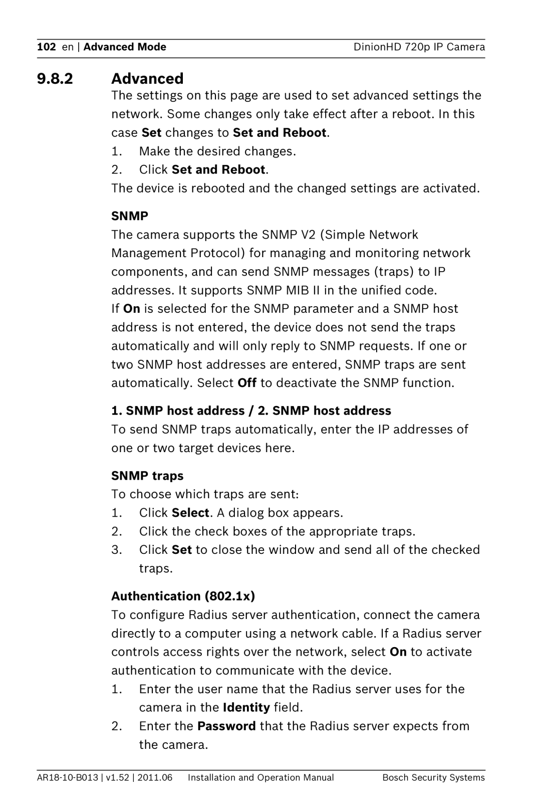 Bosch Appliances NBN-921 operation manual Advanced, Snmp host address / 2. Snmp host address, Snmp traps, Authentication 