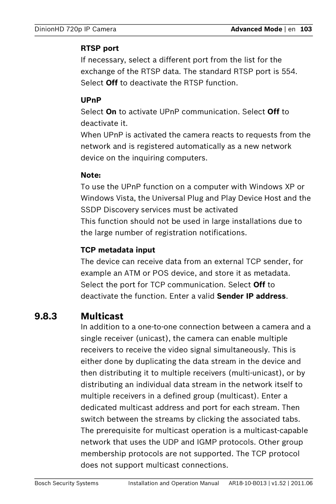 Bosch Appliances NBN-921 operation manual Rtsp port, UPnP, TCP metadata input 