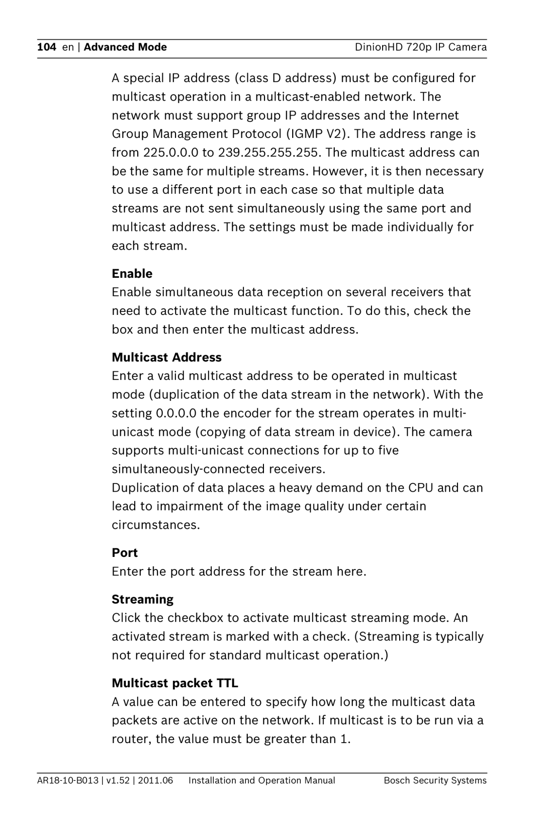 Bosch Appliances NBN-921 operation manual Enable, Multicast Address, Port, Streaming, Multicast packet TTL 