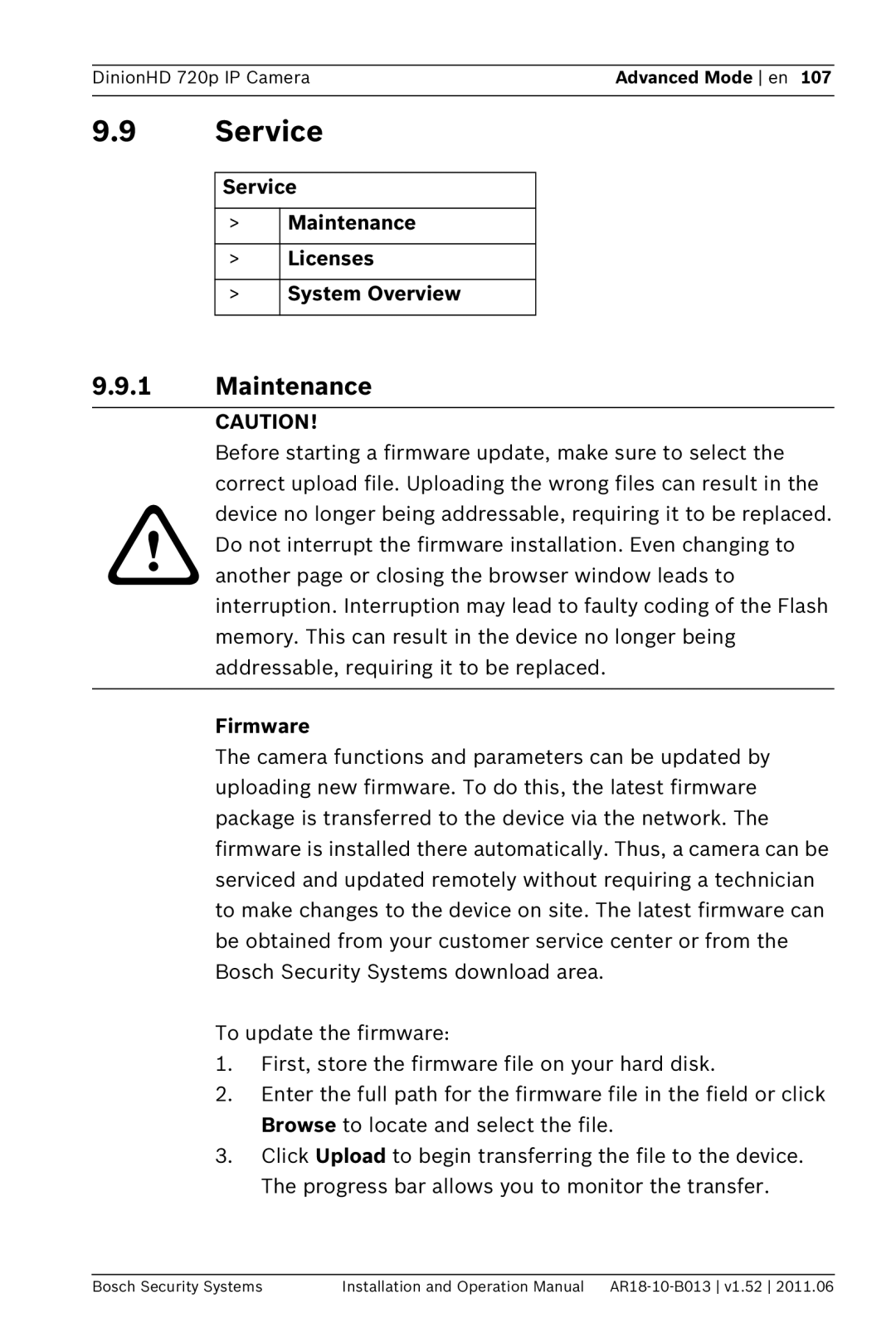 Bosch Appliances NBN-921 operation manual Service Maintenance Licenses System Overview, Firmware 