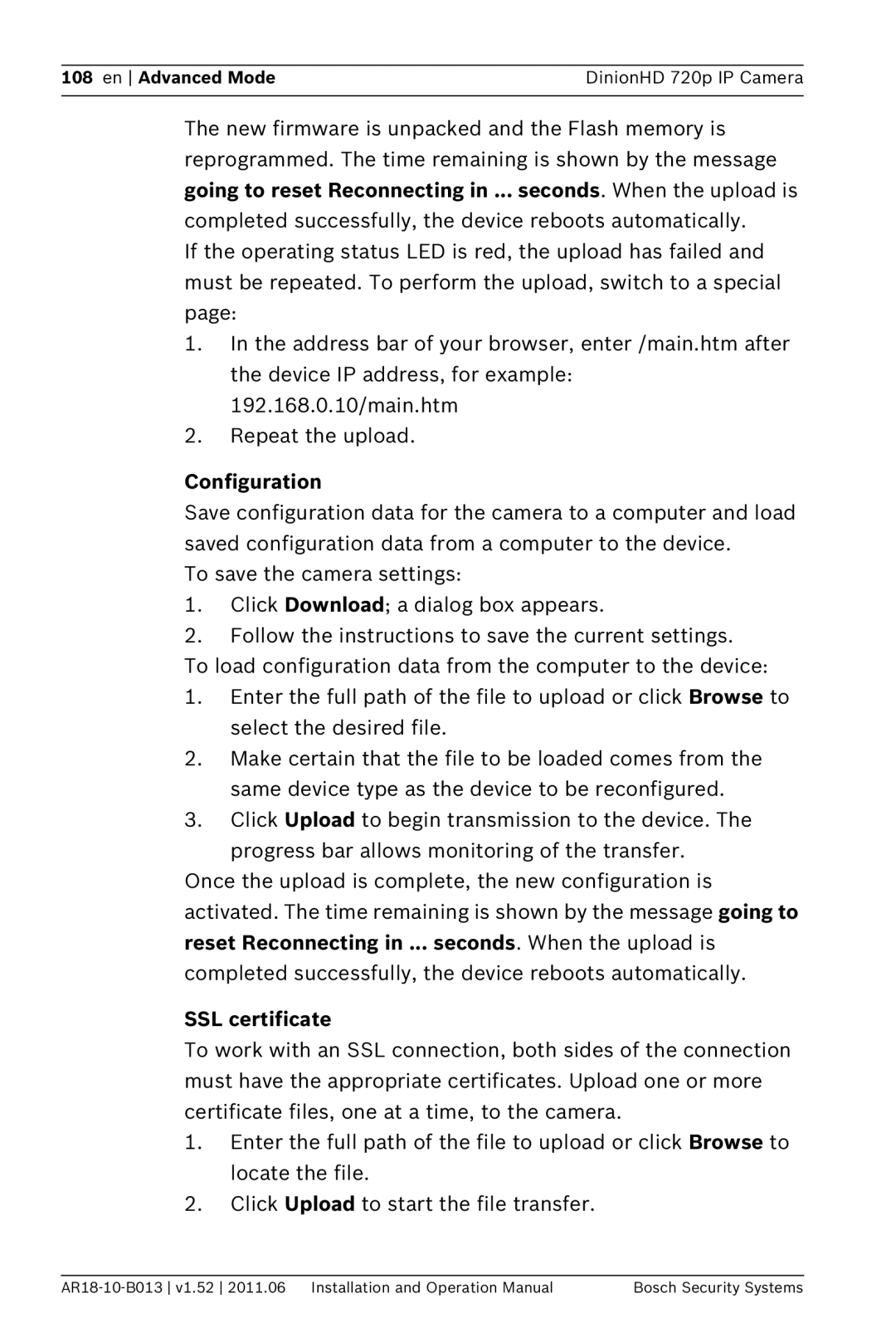 Bosch Appliances NBN-921 operation manual Configuration, SSL certificate 