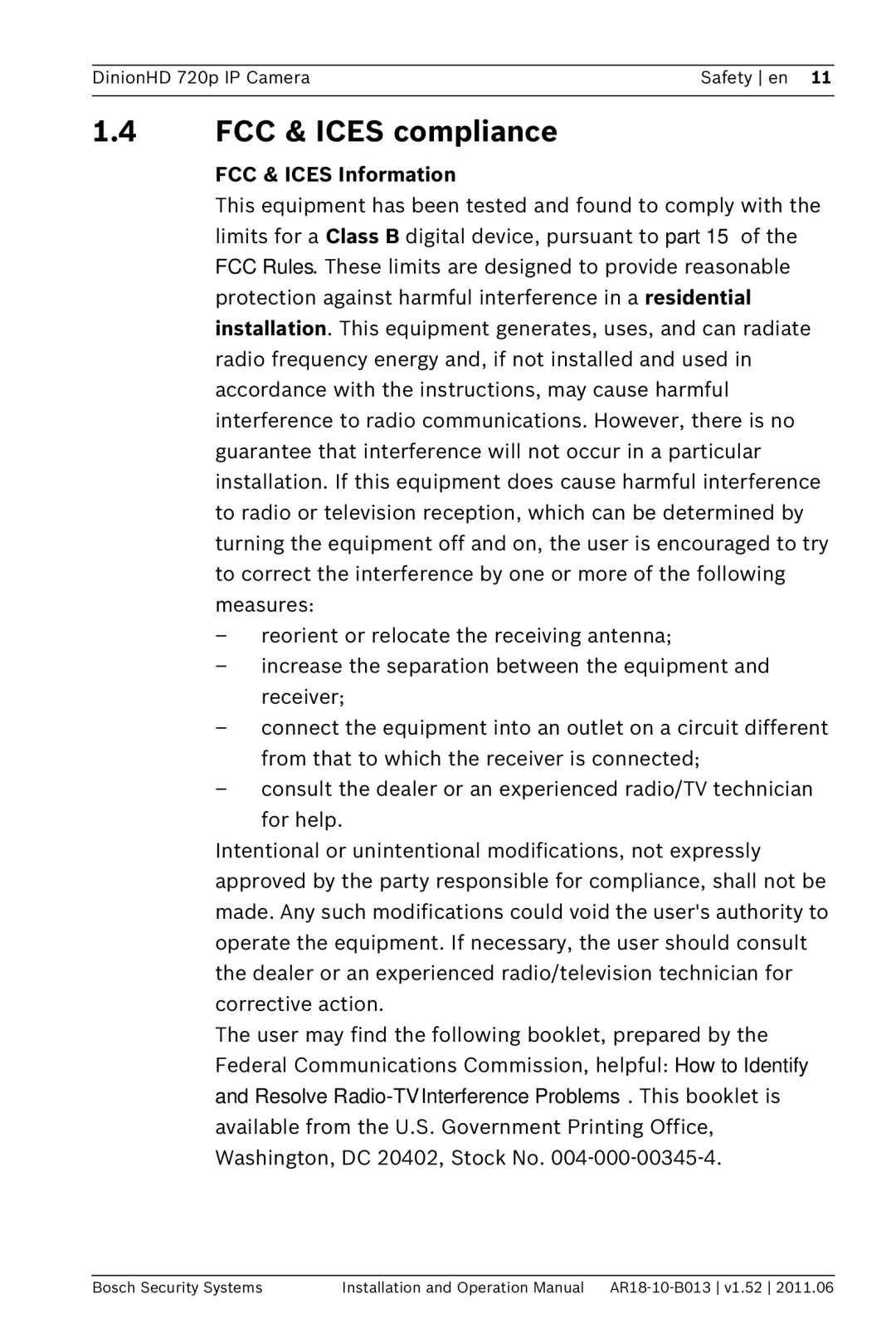 Bosch Appliances NBN-921 operation manual FCC & Ices compliance, FCC & Ices Information 