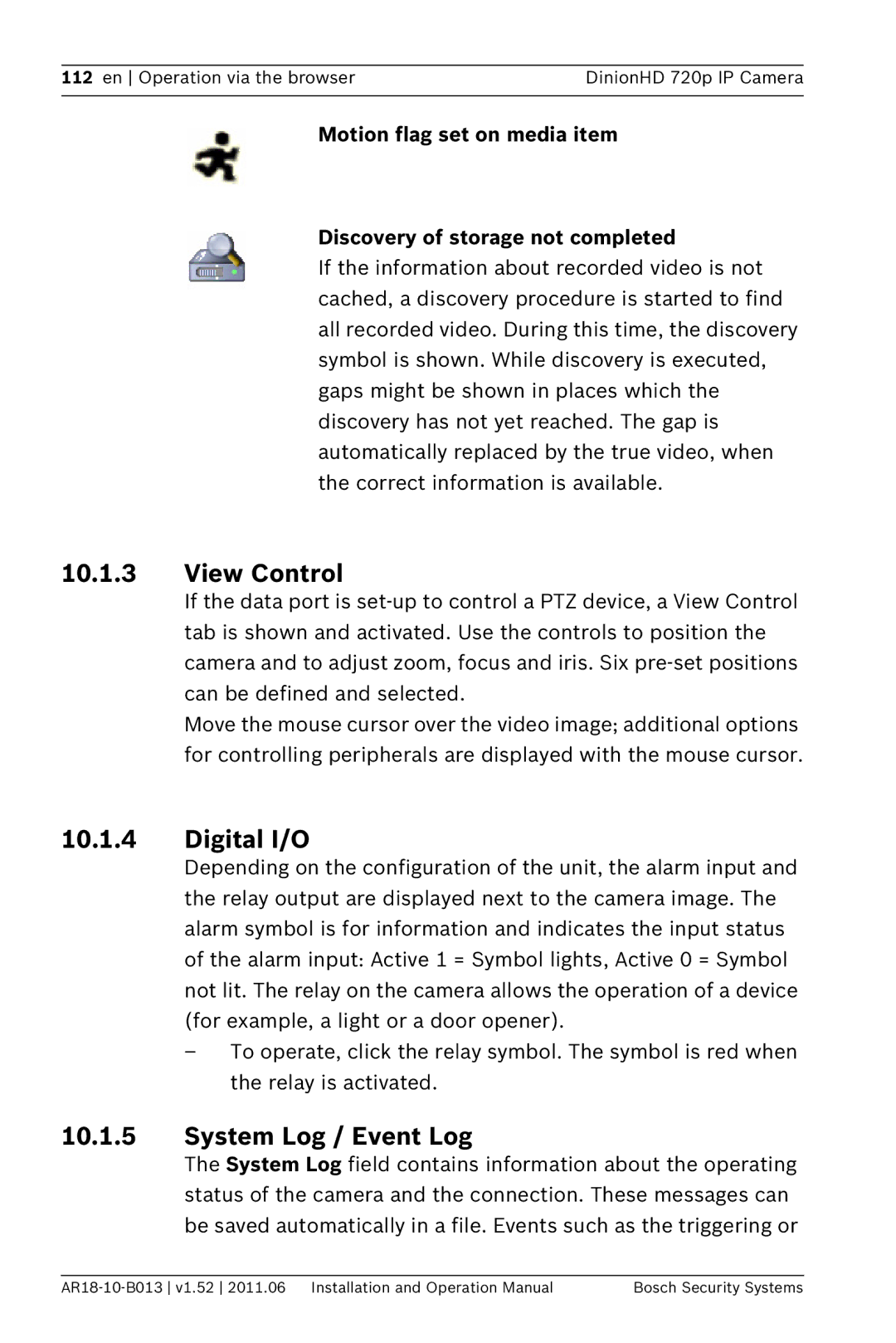 Bosch Appliances NBN-921 operation manual View Control, Digital I/O, System Log / Event Log 