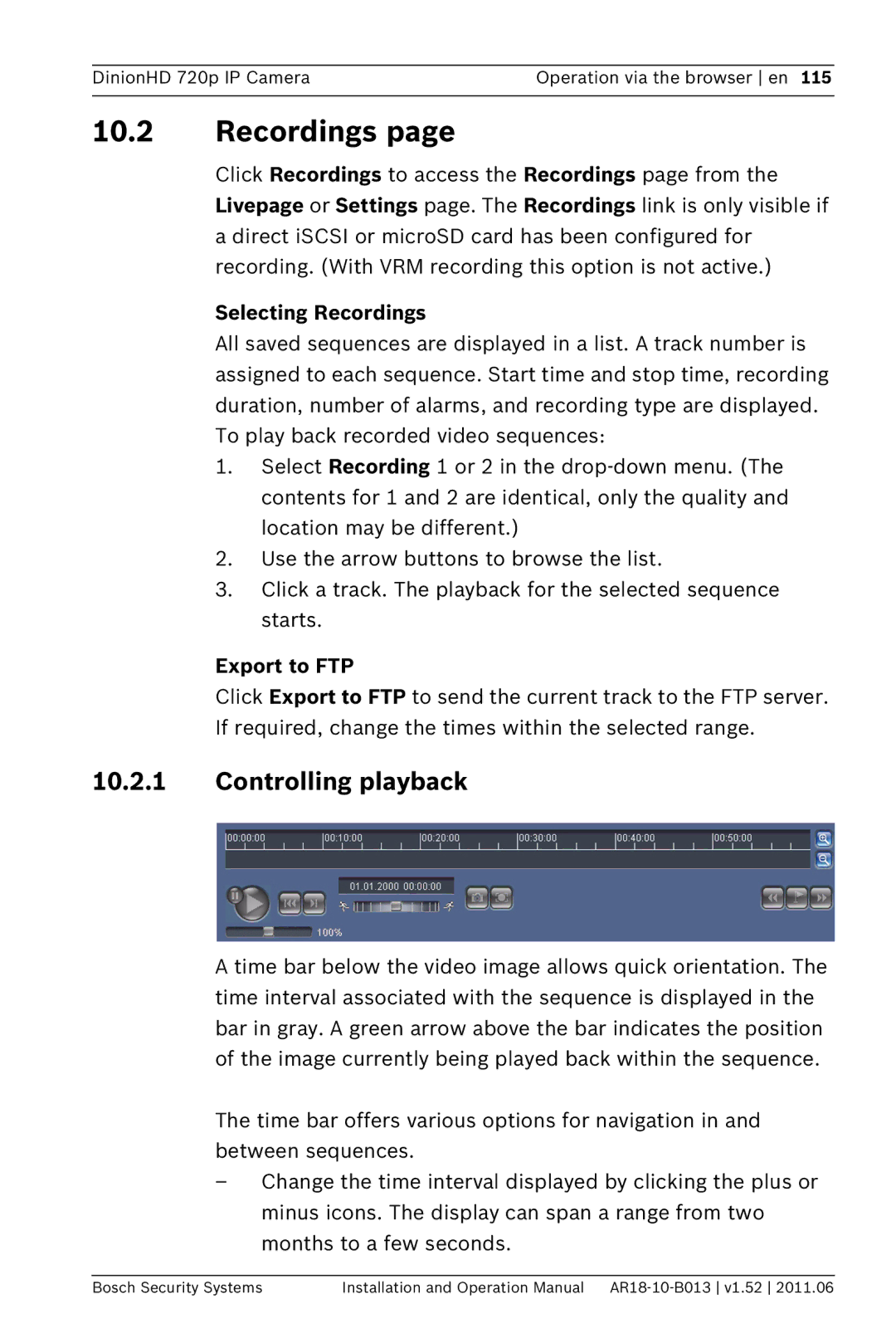 Bosch Appliances NBN-921 operation manual Controlling playback, Selecting Recordings, Export to FTP 