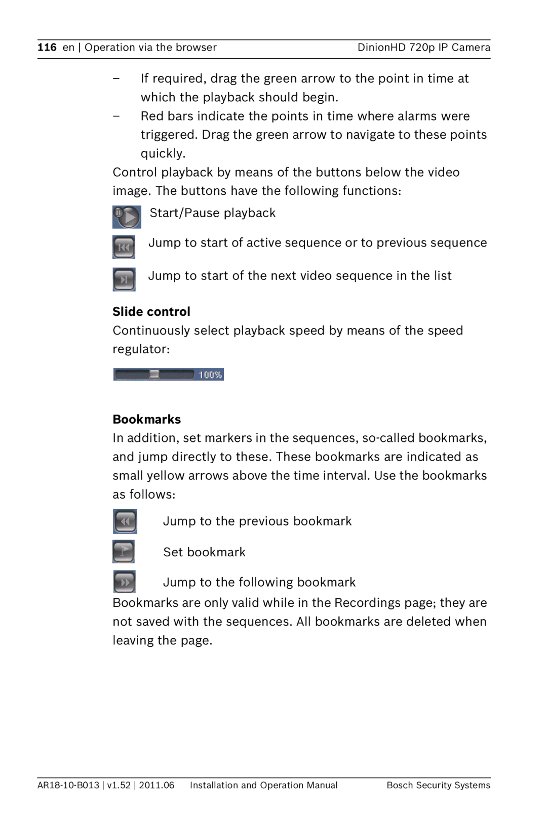 Bosch Appliances NBN-921 operation manual Slide control, Bookmarks 