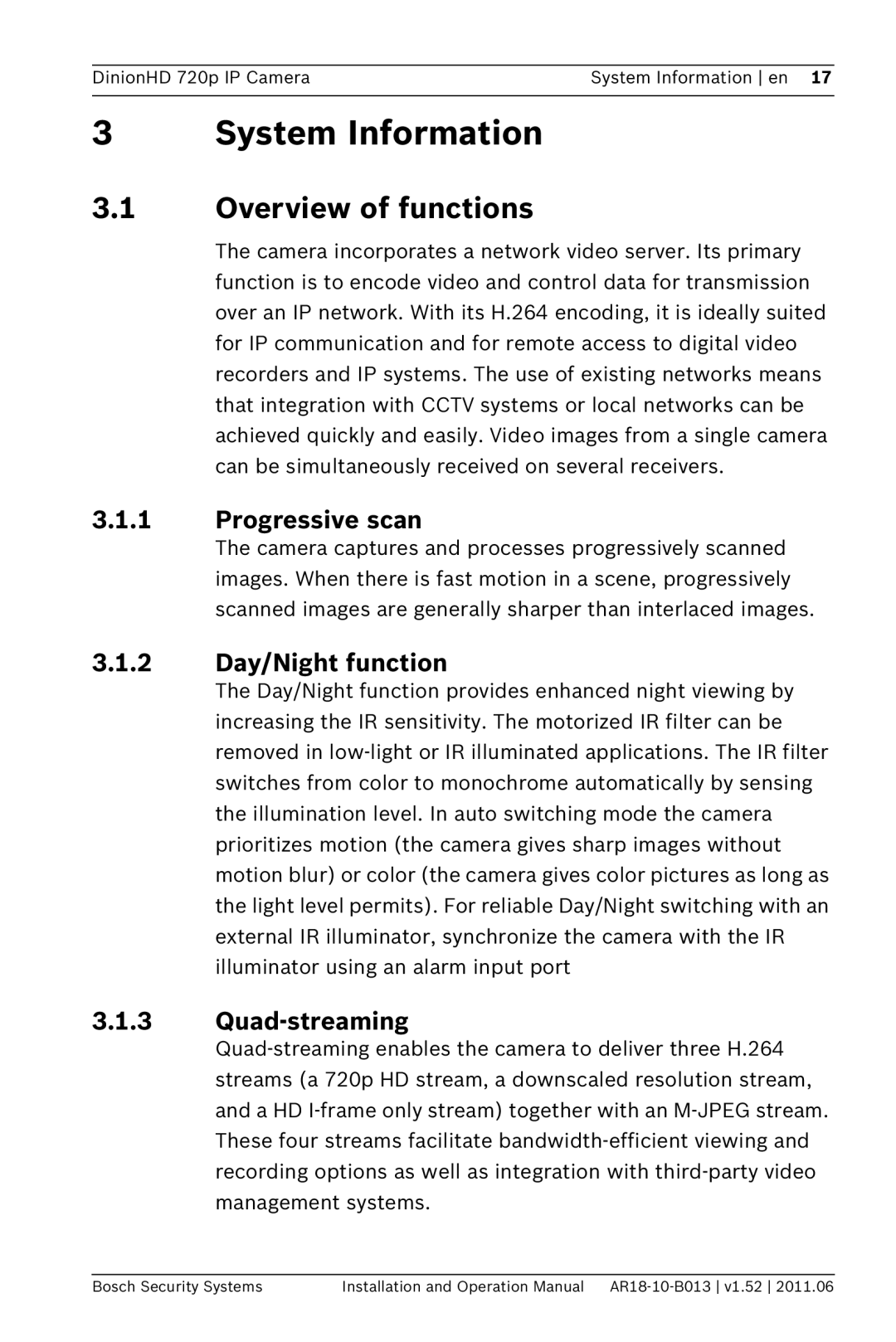 Bosch Appliances NBN-921 System Information, Overview of functions, Progressive scan, 2 Day/Night function, Quad-streaming 