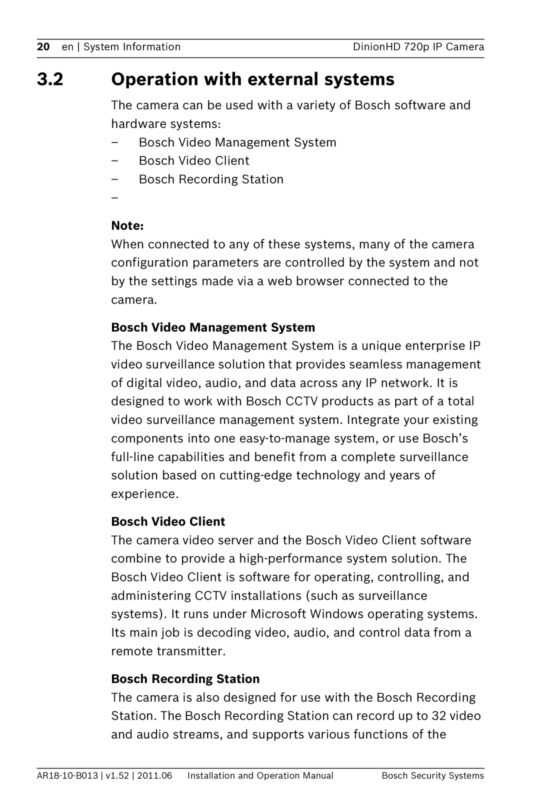 Bosch Appliances NBN-921 Operation with external systems, Bosch Video Management System, Bosch Video Client 