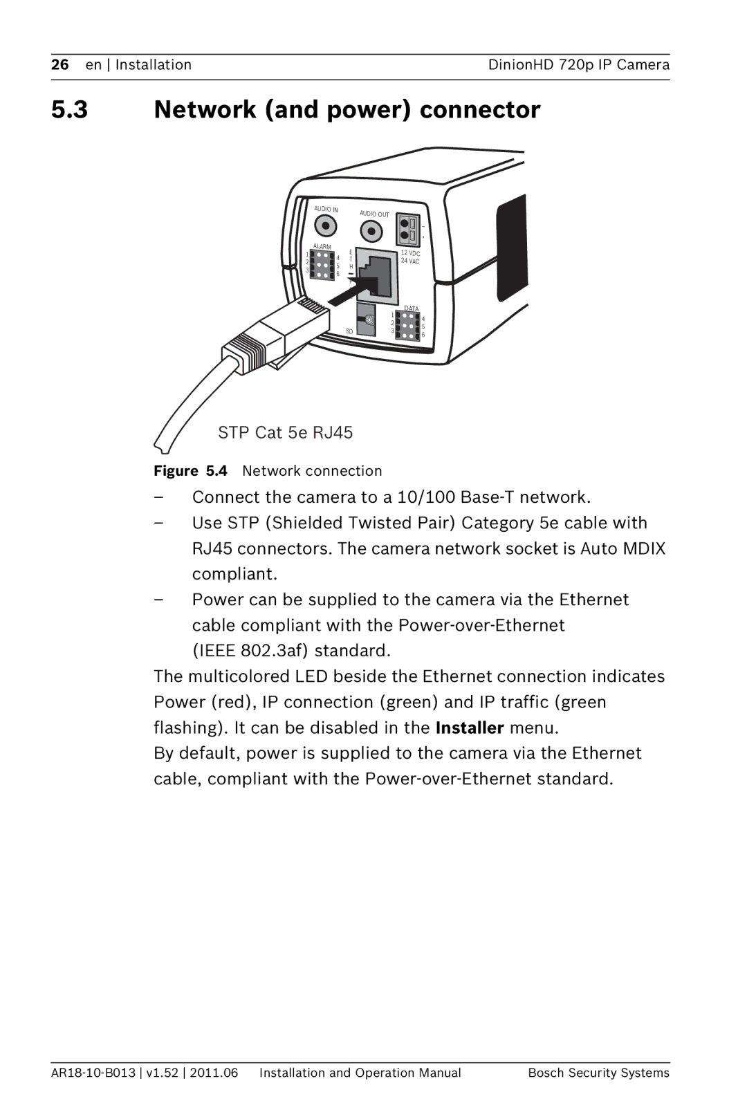 Bosch Appliances NBN-921 operation manual Network and power connector, Network connection 