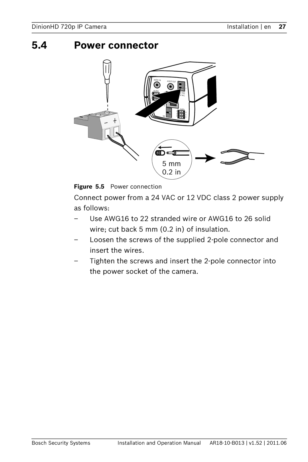 Bosch Appliances NBN-921 operation manual Power connector, Power connection 