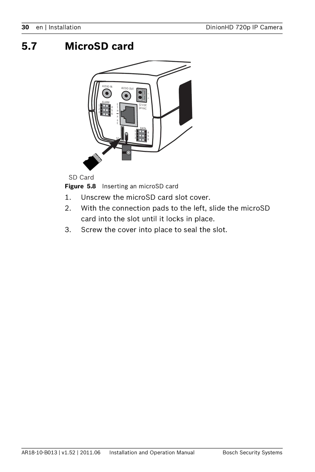 Bosch Appliances NBN-921 operation manual MicroSD card, Inserting an microSD card 