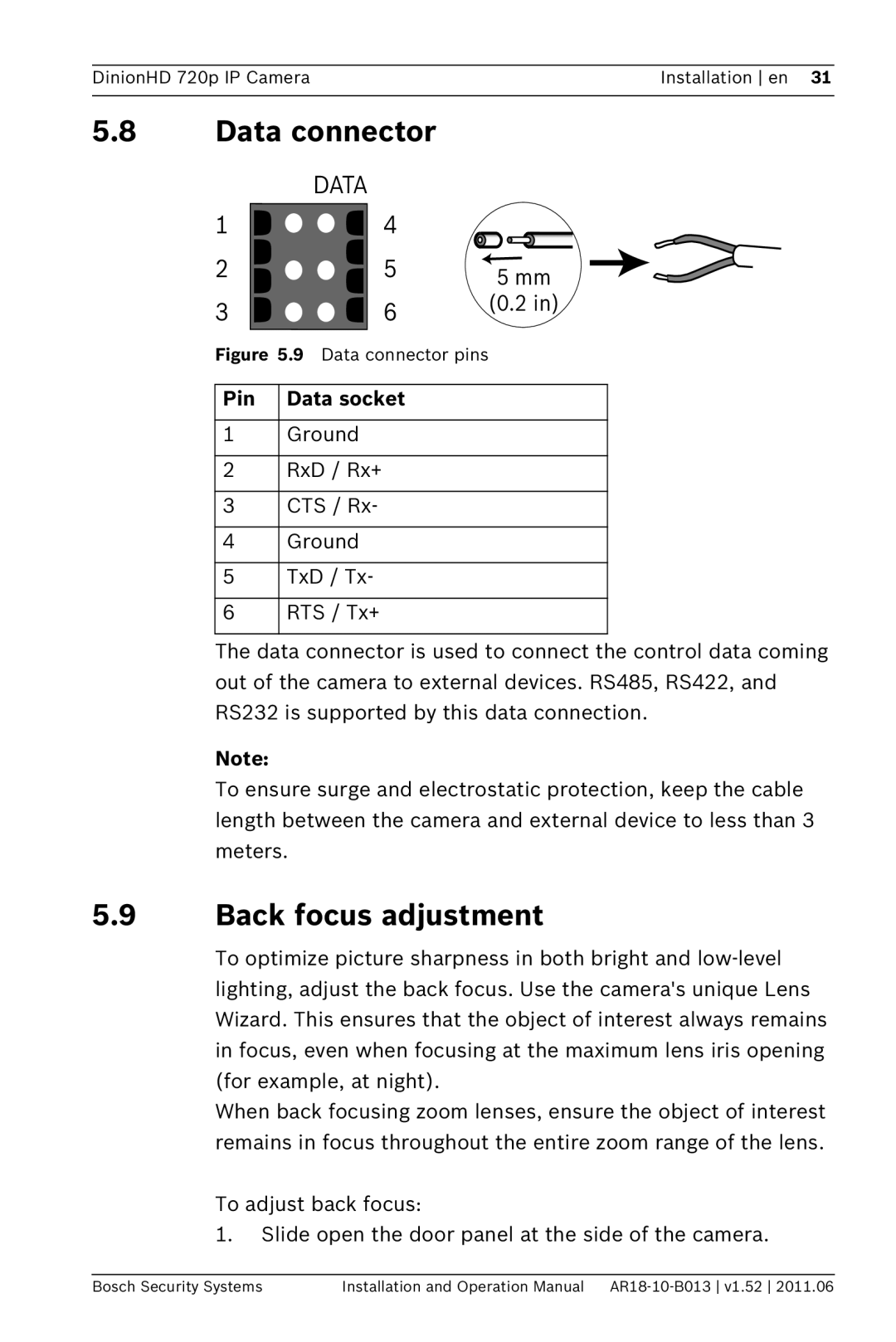 Bosch Appliances NBN-921 operation manual Data connector, Back focus adjustment, Pin Data socket 