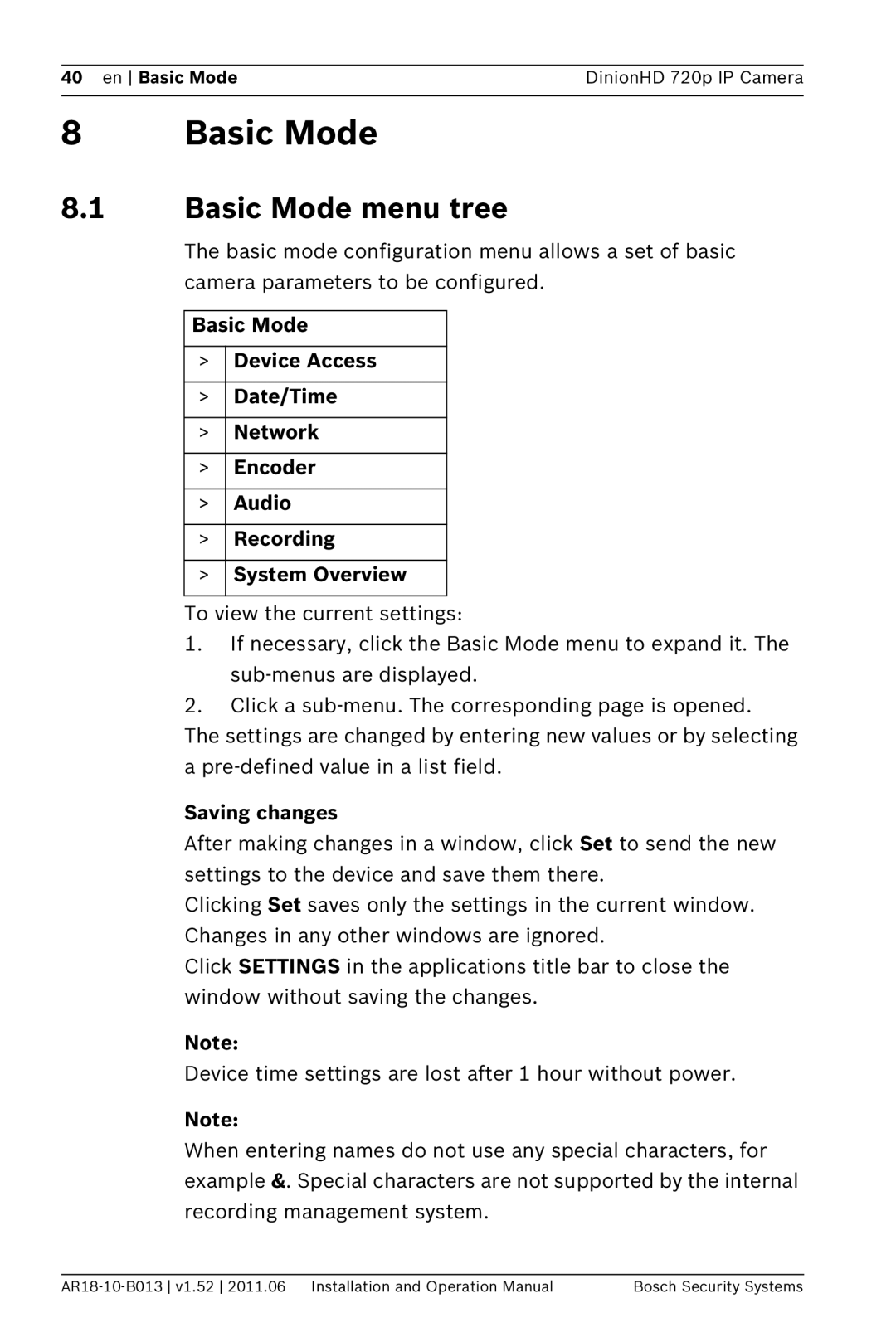 Bosch Appliances NBN-921 operation manual Basic Mode menu tree, Saving changes 