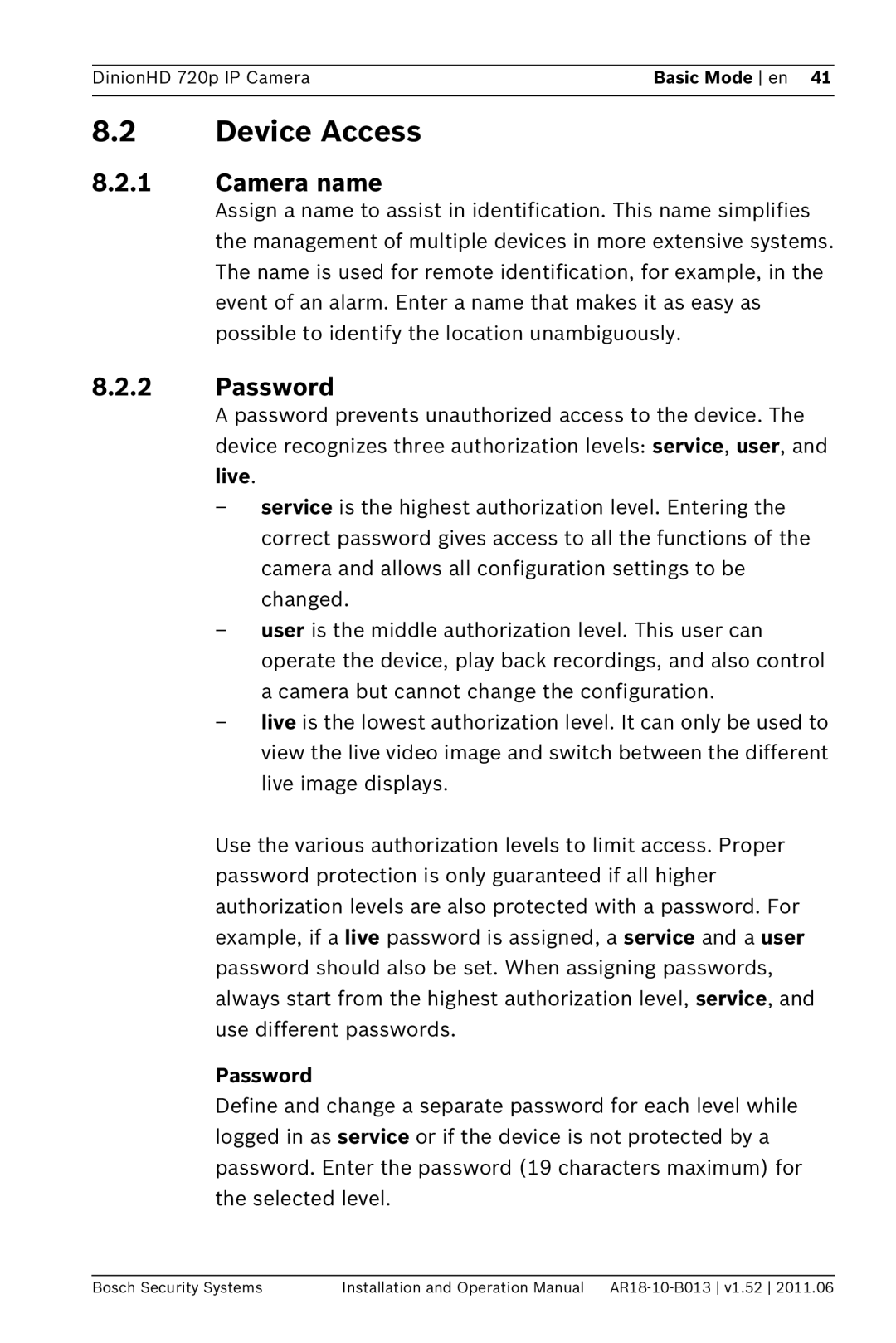 Bosch Appliances NBN-921 operation manual Device Access, Camera name, Password, Live 