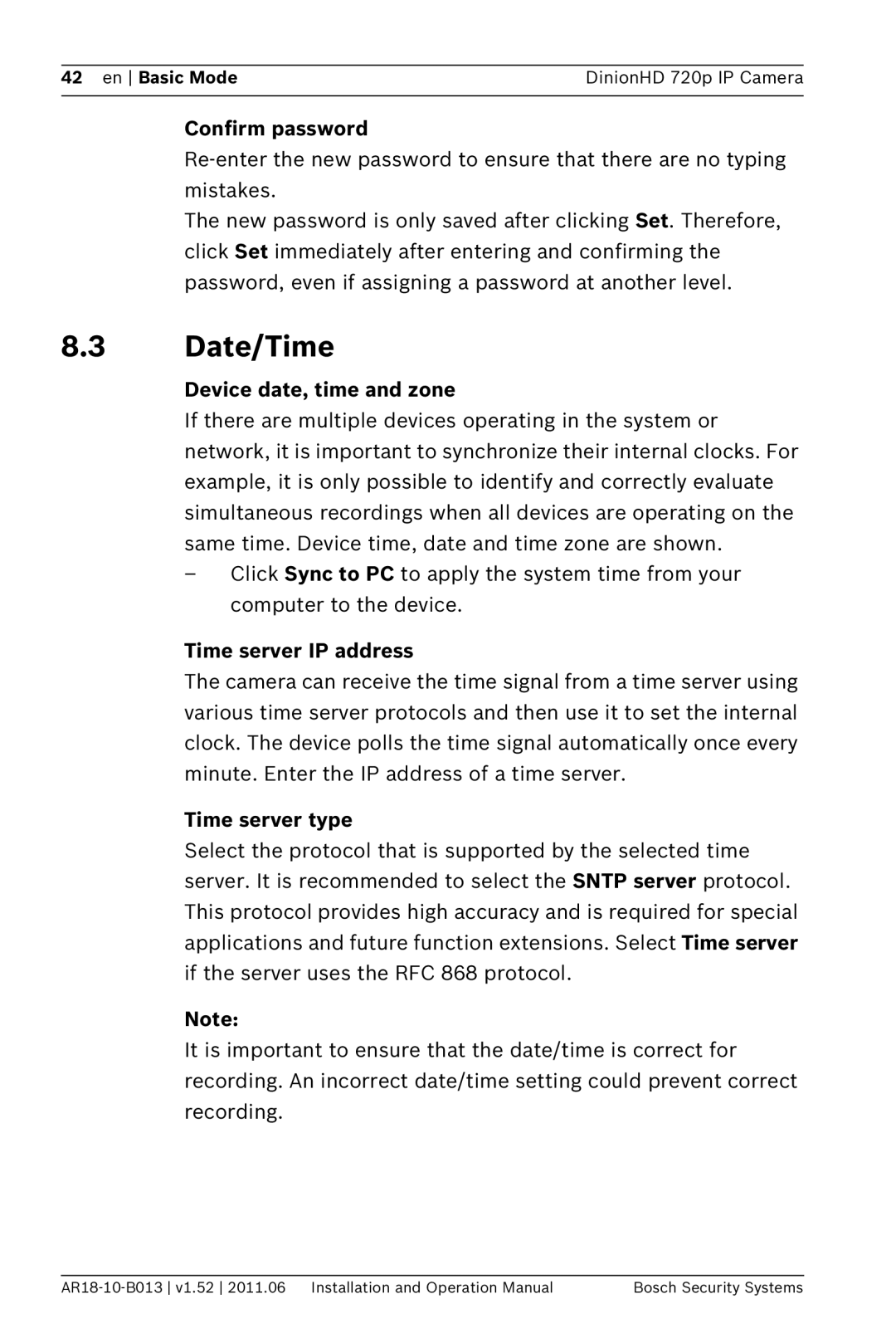 Bosch Appliances NBN-921 Date/Time, Confirm password, Device date, time and zone, Time server IP address, Time server type 