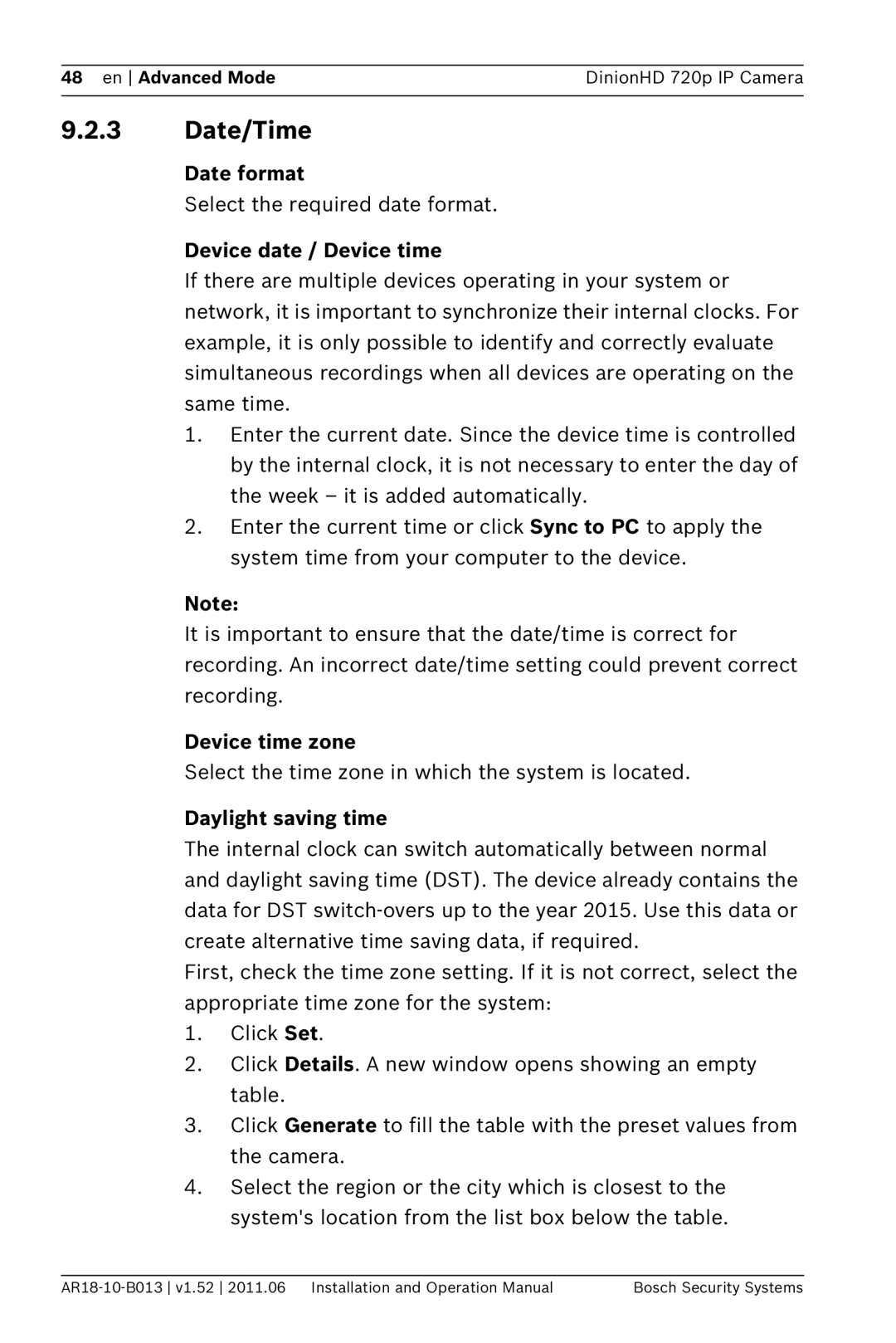 Bosch Appliances NBN-921 Date/Time, Date format, Device date / Device time, Device time zone, Daylight saving time 