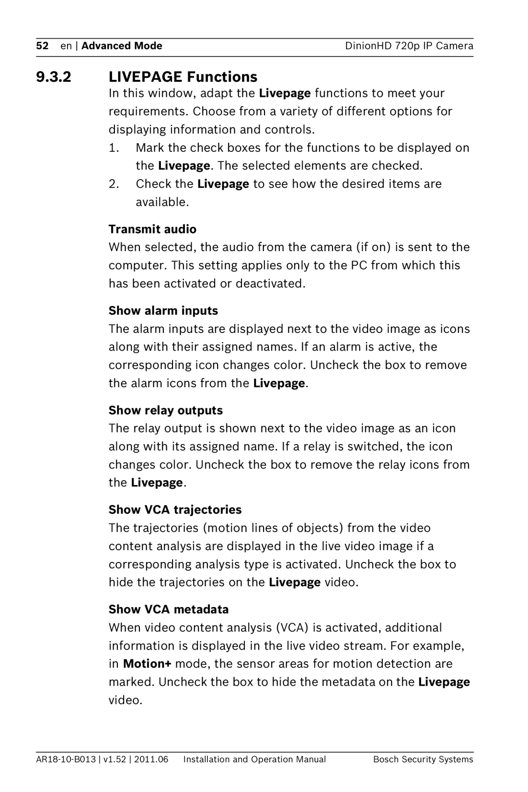 Bosch Appliances NBN-921 operation manual Livepage Functions 