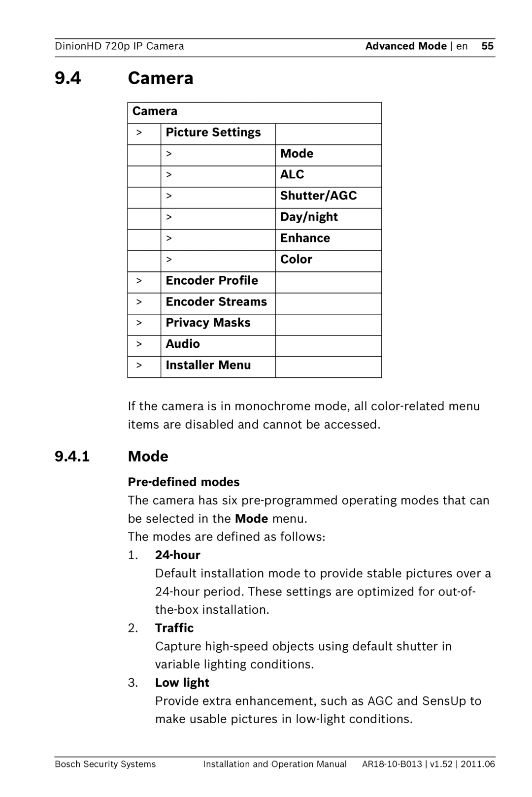 Bosch Appliances NBN-921 operation manual Camera, Mode 