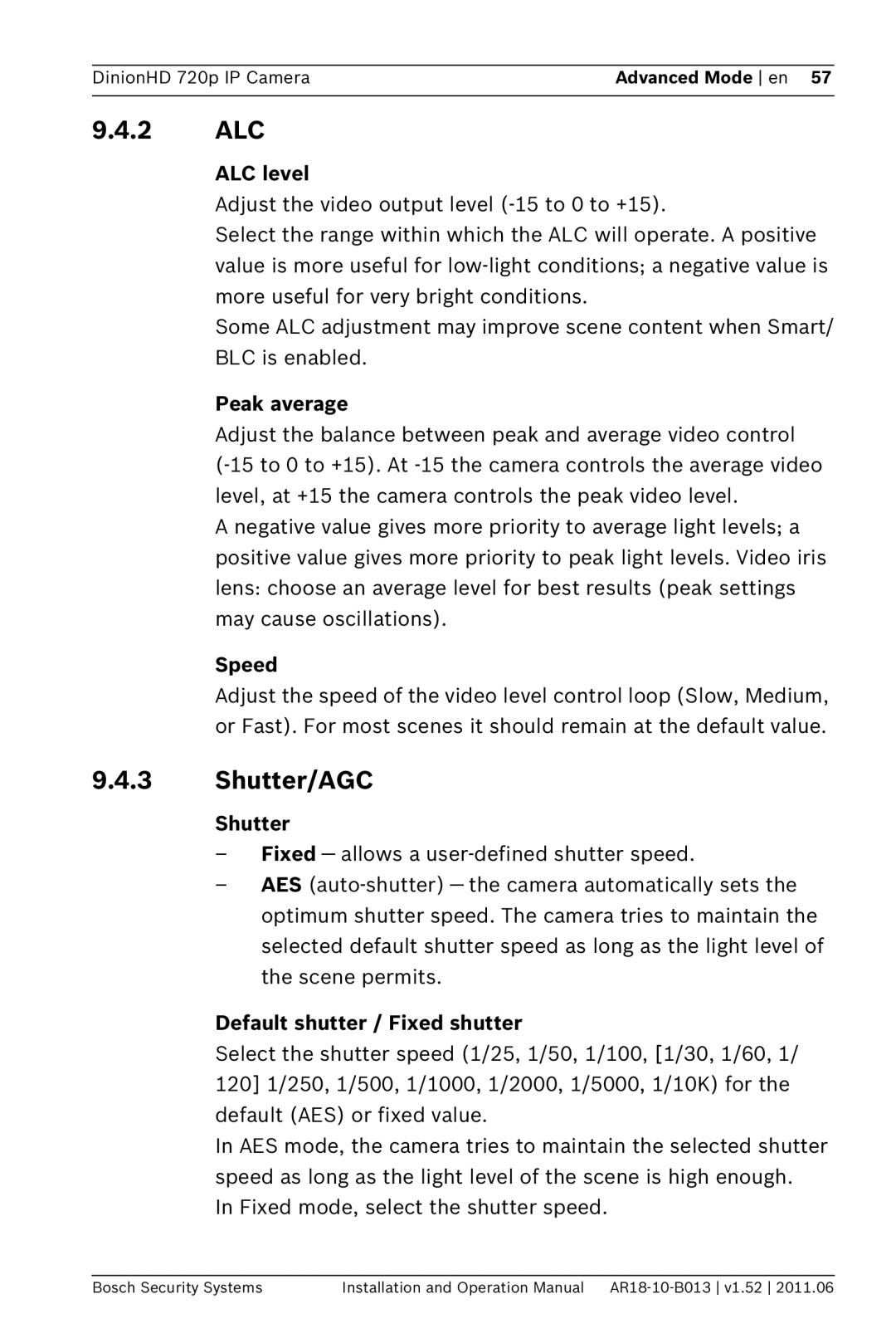 Bosch Appliances NBN-921 operation manual 2 ALC, Shutter/AGC 