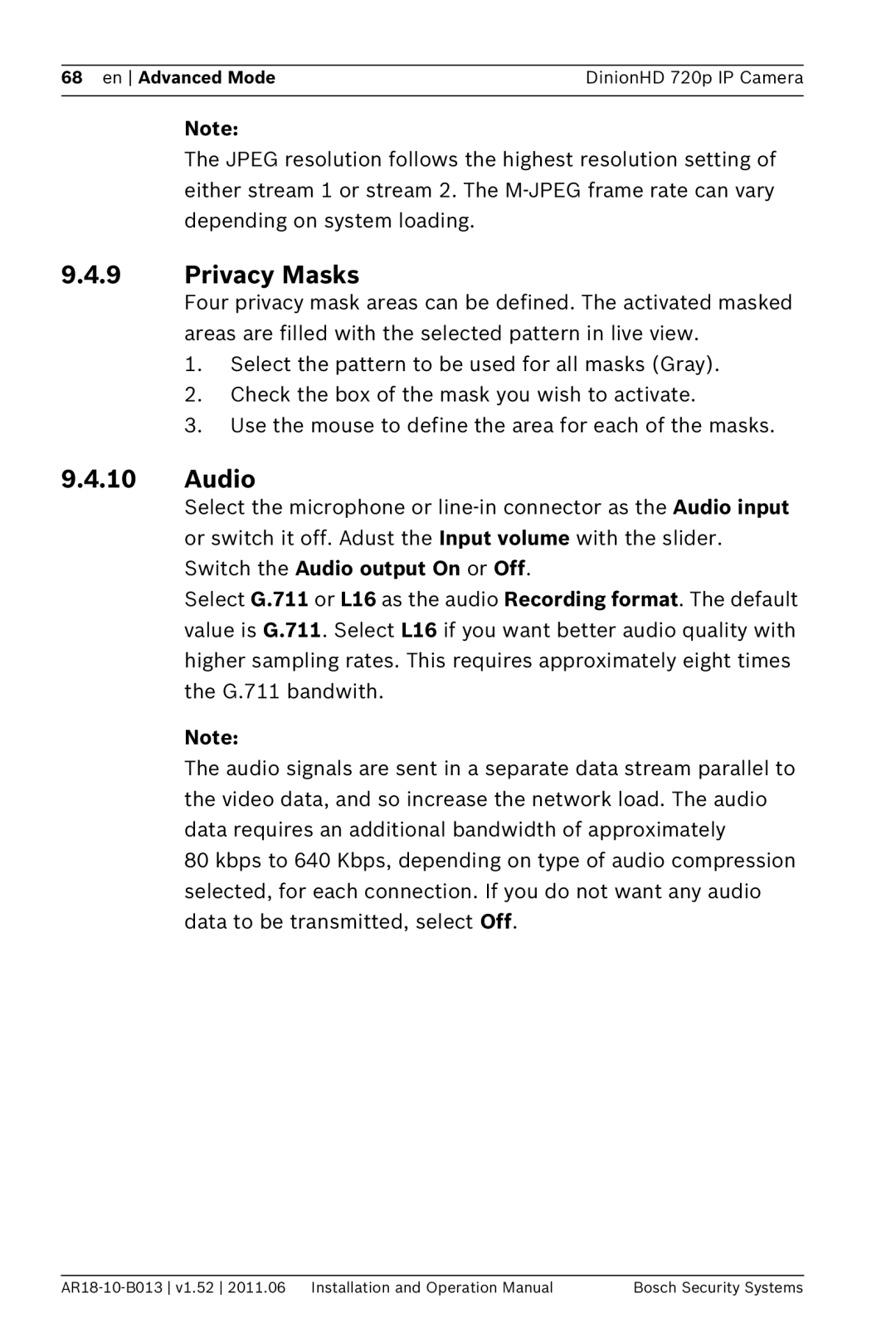 Bosch Appliances NBN-921 operation manual Privacy Masks, Audio 