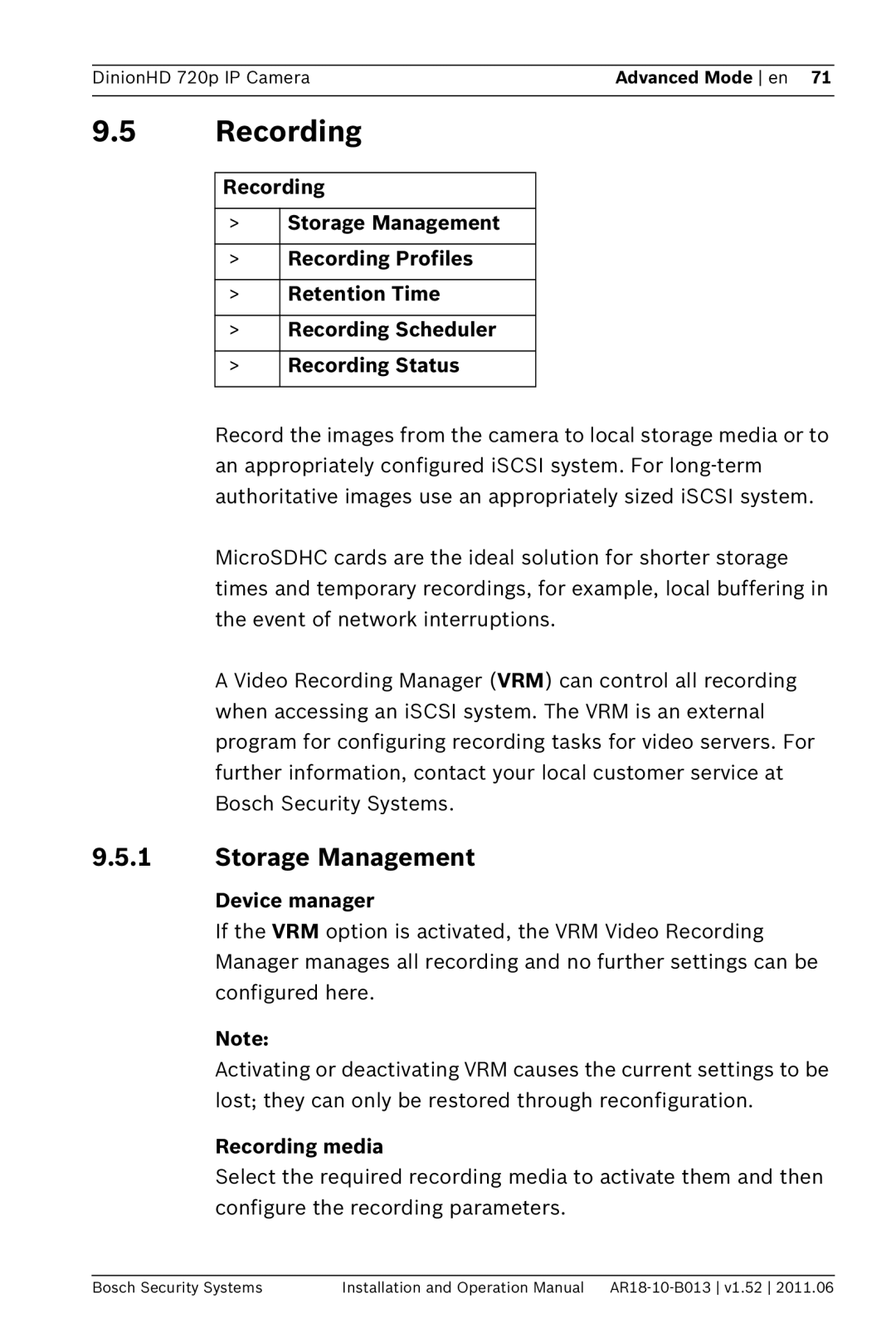 Bosch Appliances NBN-921 operation manual Storage Management, Device manager, Recording media 